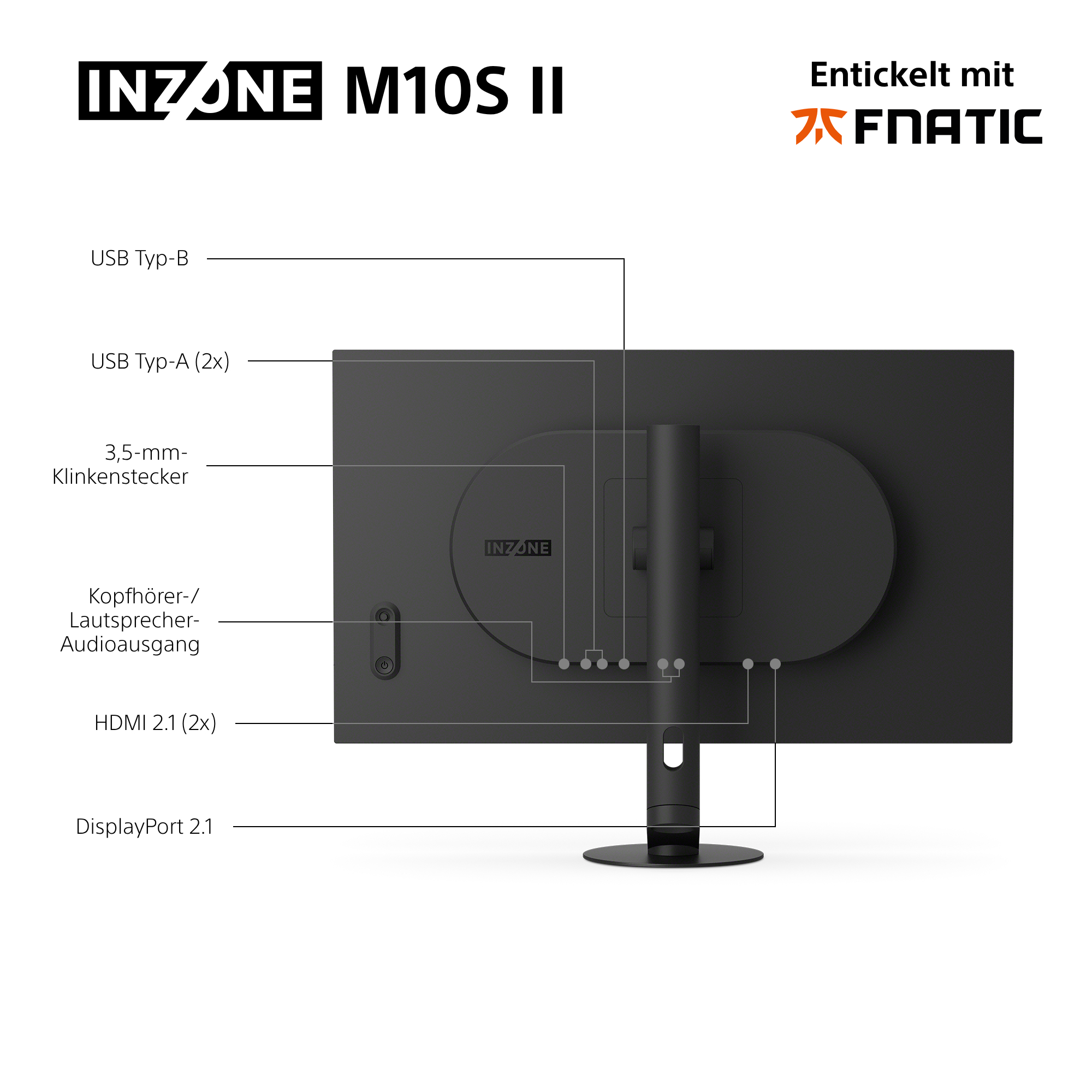 Rückseite eines schwarzen Monitors mit Anschlüssen: USB-B, 2x USB-A, 3,5mm Klinke, HDMI 2.1, DP 2.1.