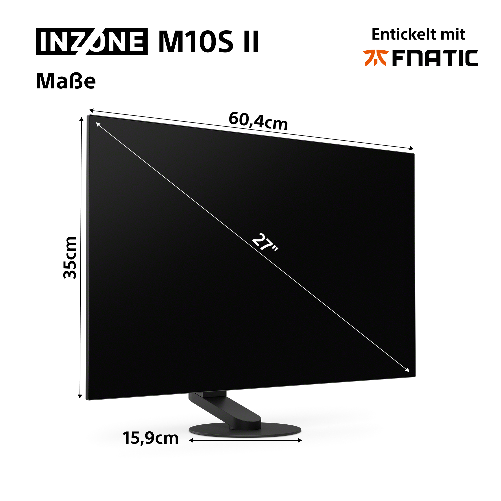 Ein schwarzer 27-Zoll-Monitor mit Maßen: 60,4cm breit, 35cm hoch, 15,9cm tief.