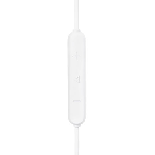 Control remoto blanco para auriculares con botones de volumen +/- y reproducción/pausa.