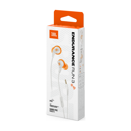 Auriculares JBL Endurance Run 3 blancos con detalles naranjas en caja blanca.