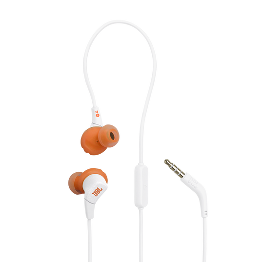 Auriculares blancos con puntas naranjas y logo JBL.