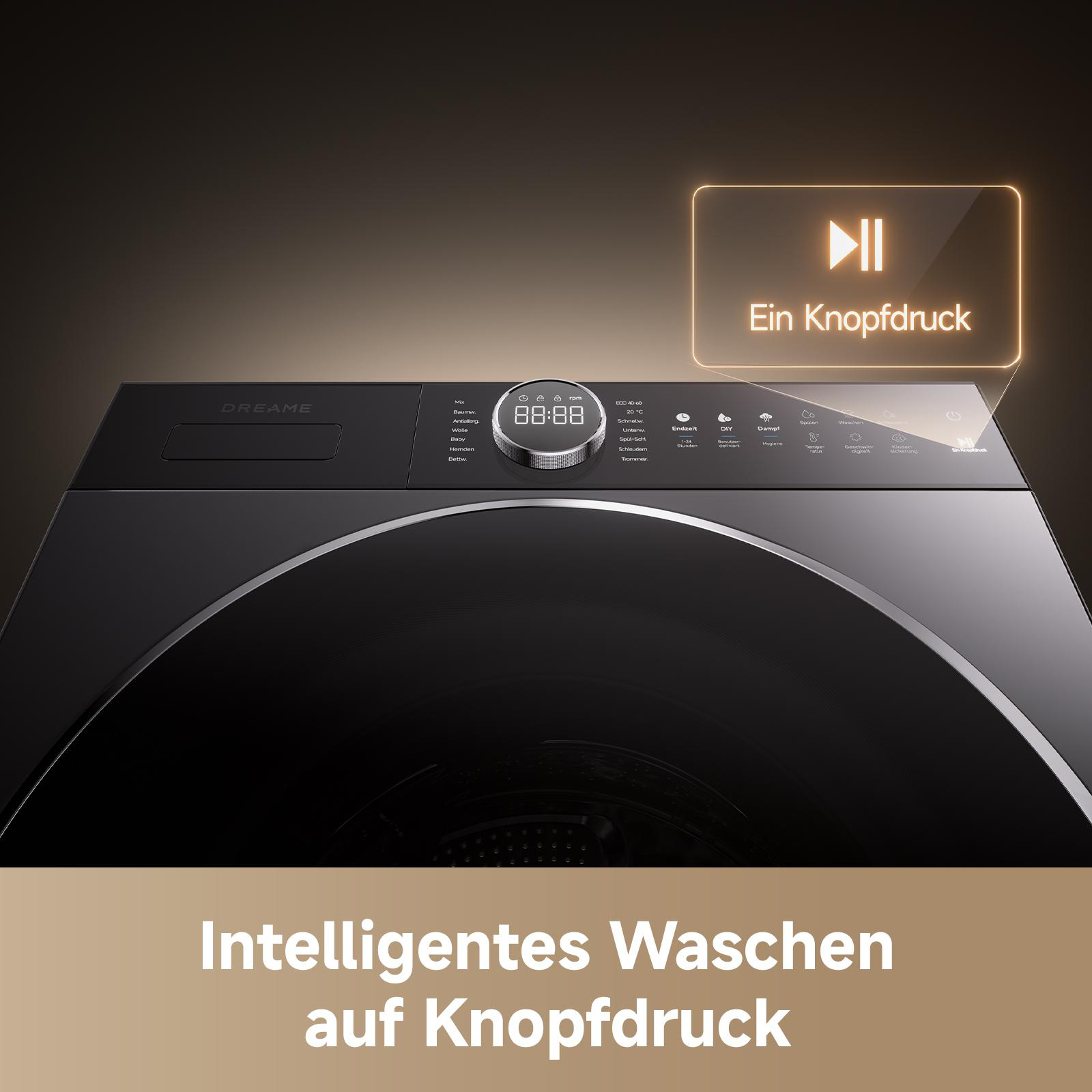 Schwarze Waschmaschine mit digitalem Display und Programmauswahl. Ein Play-Button-Symbol.