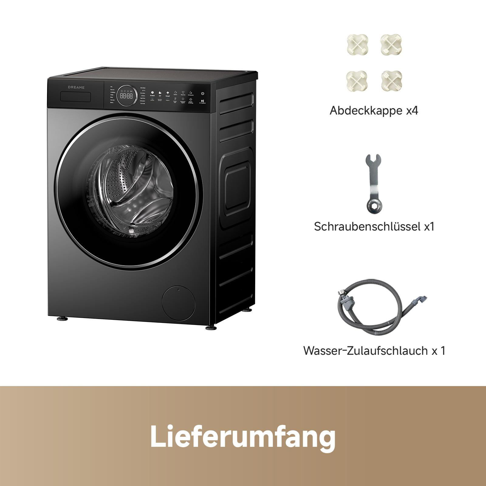 Schwarze Waschmaschine mit Zubehör: 4 Kappen, Schraubenschlüssel, Schlauch.