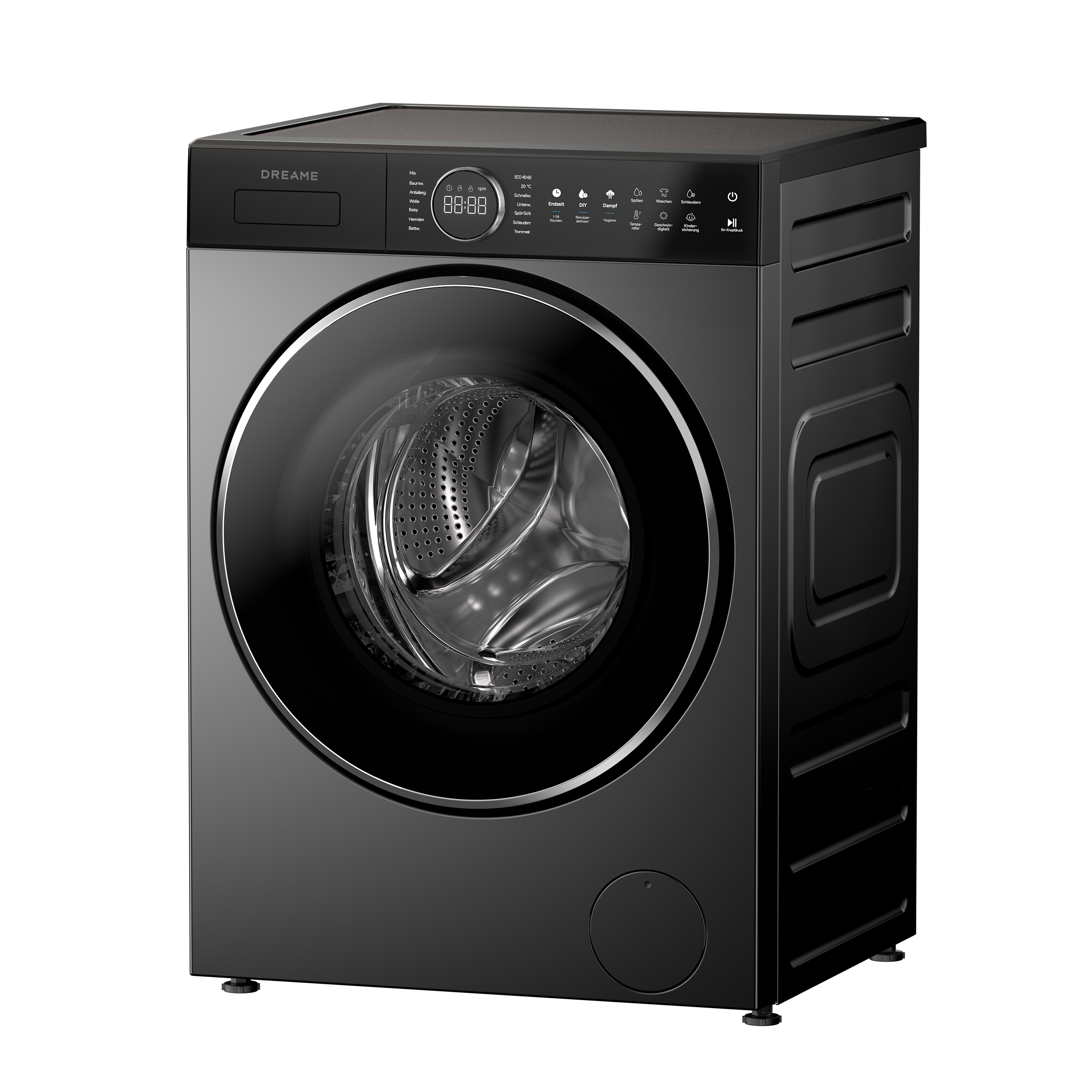 Eine schwarze Waschmaschine mit digitalem Display und silbernem Rand um die Tür.