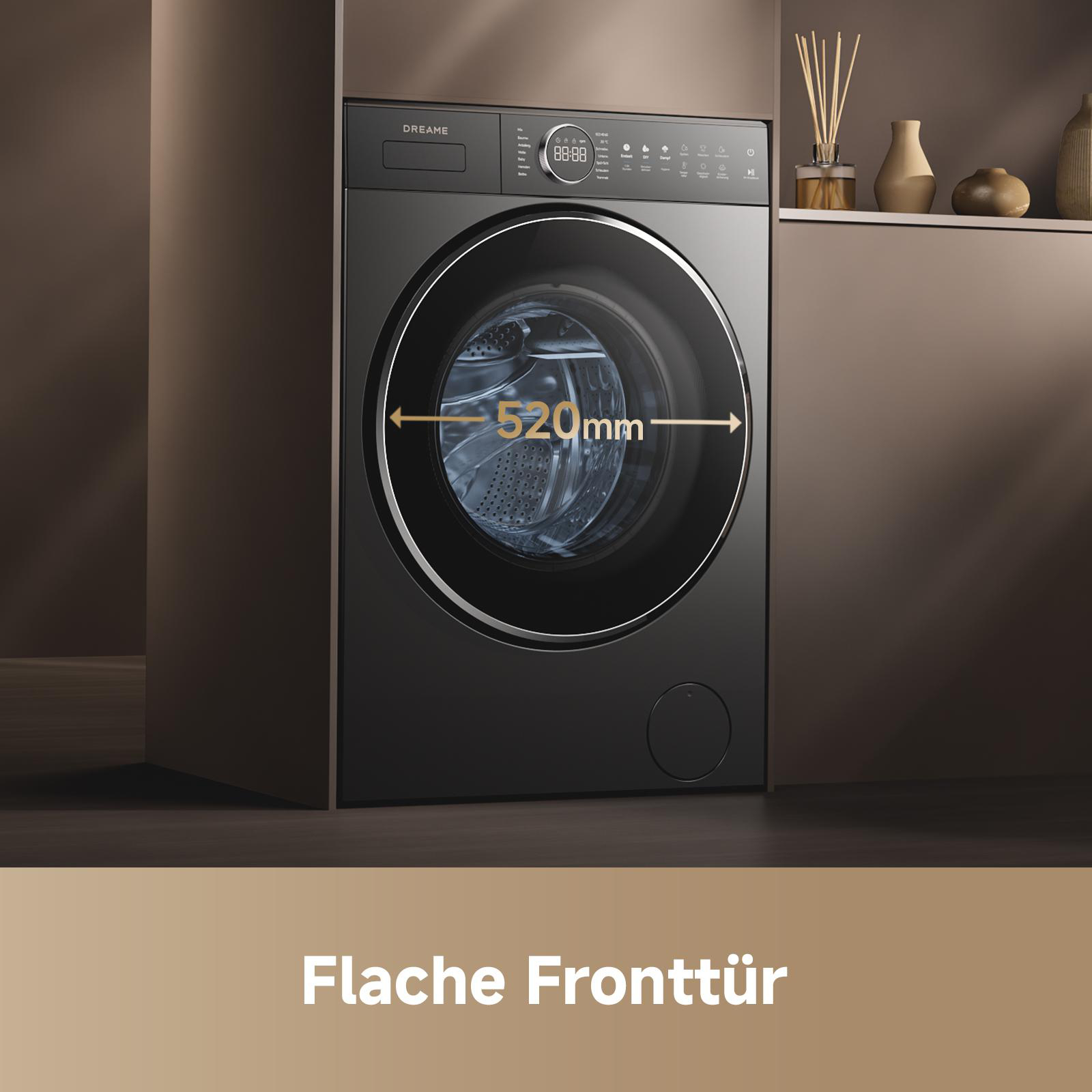 Schwarze Waschmaschine mit flacher Fronttür und 520mm Breite.