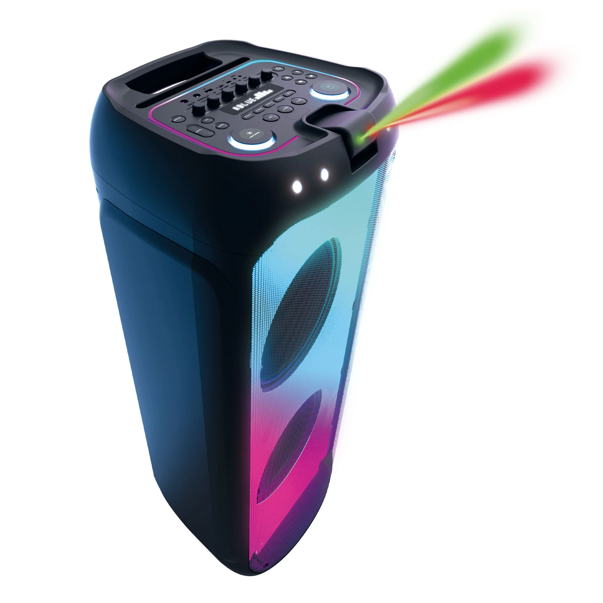 Un altavoz negro con luces y rayos de luz rojos y verdes.