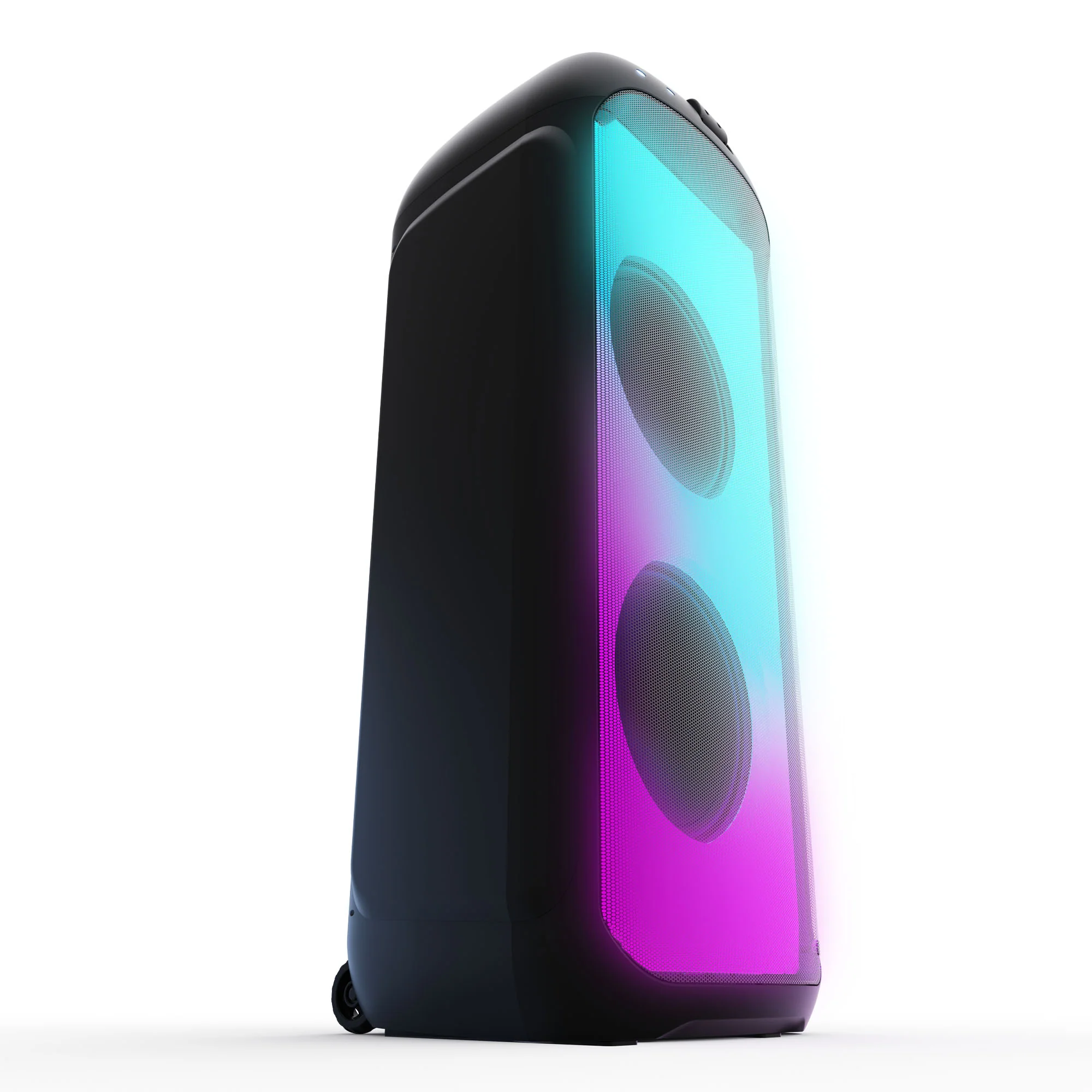 Un altavoz negro con luces rosas y azules.