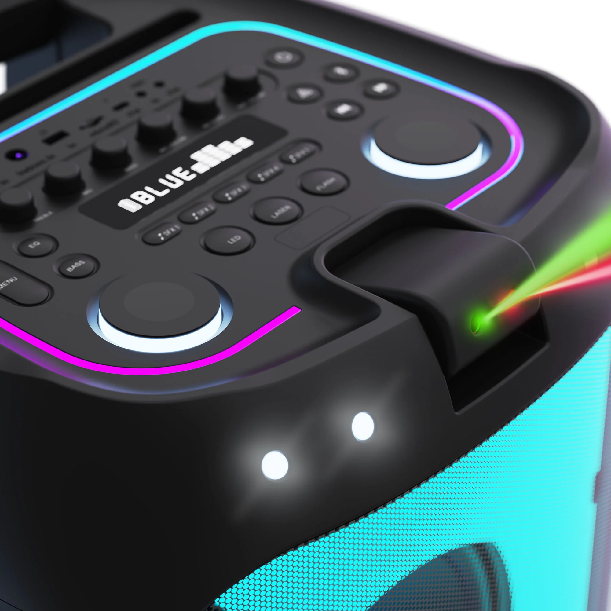 Un altavoz negro con luces LED de colores y un rayo láser.
