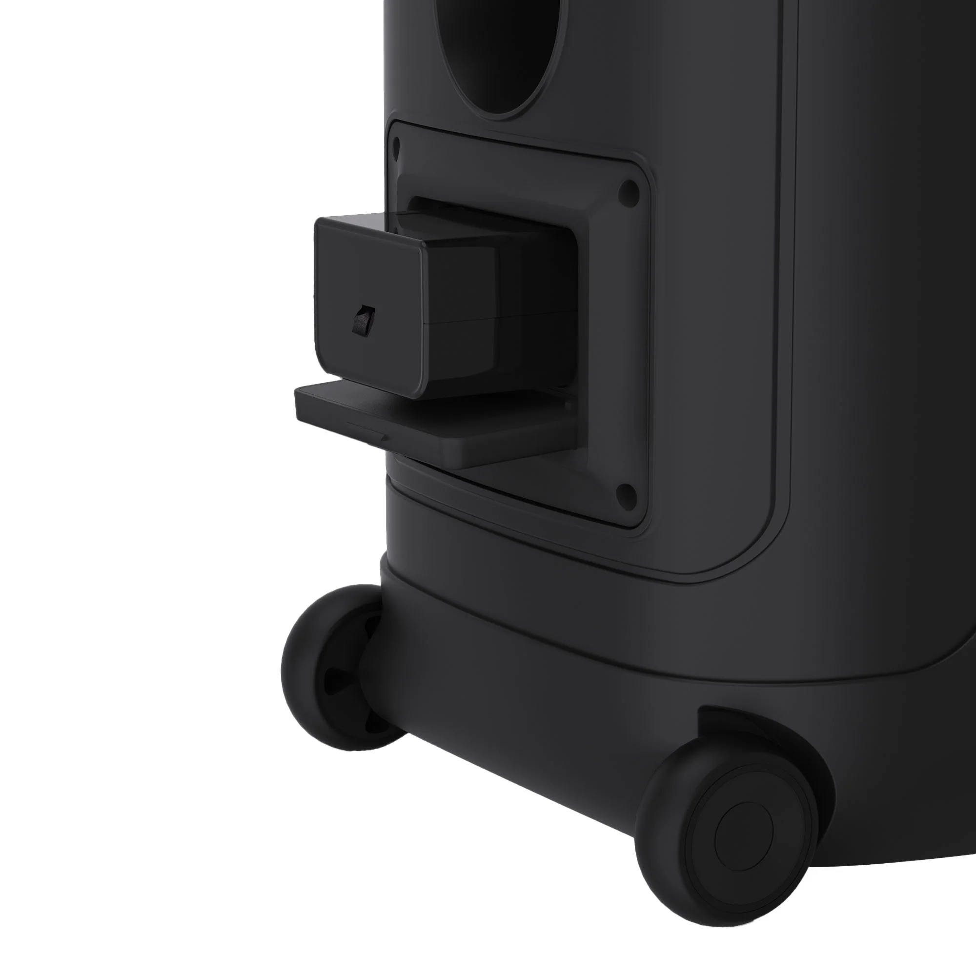 Caja negra con ruedas y componente extraíble.
