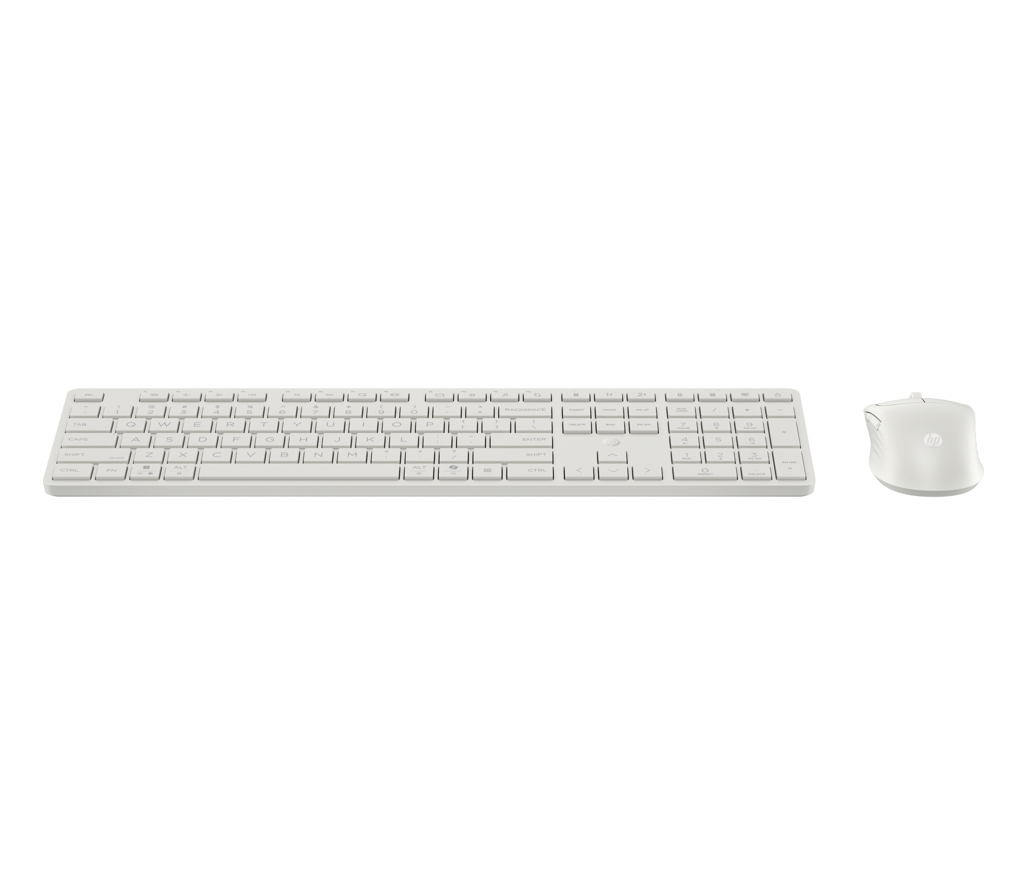 Un teclado HP blanco y un ratón HP blanco sobre fondo negro.