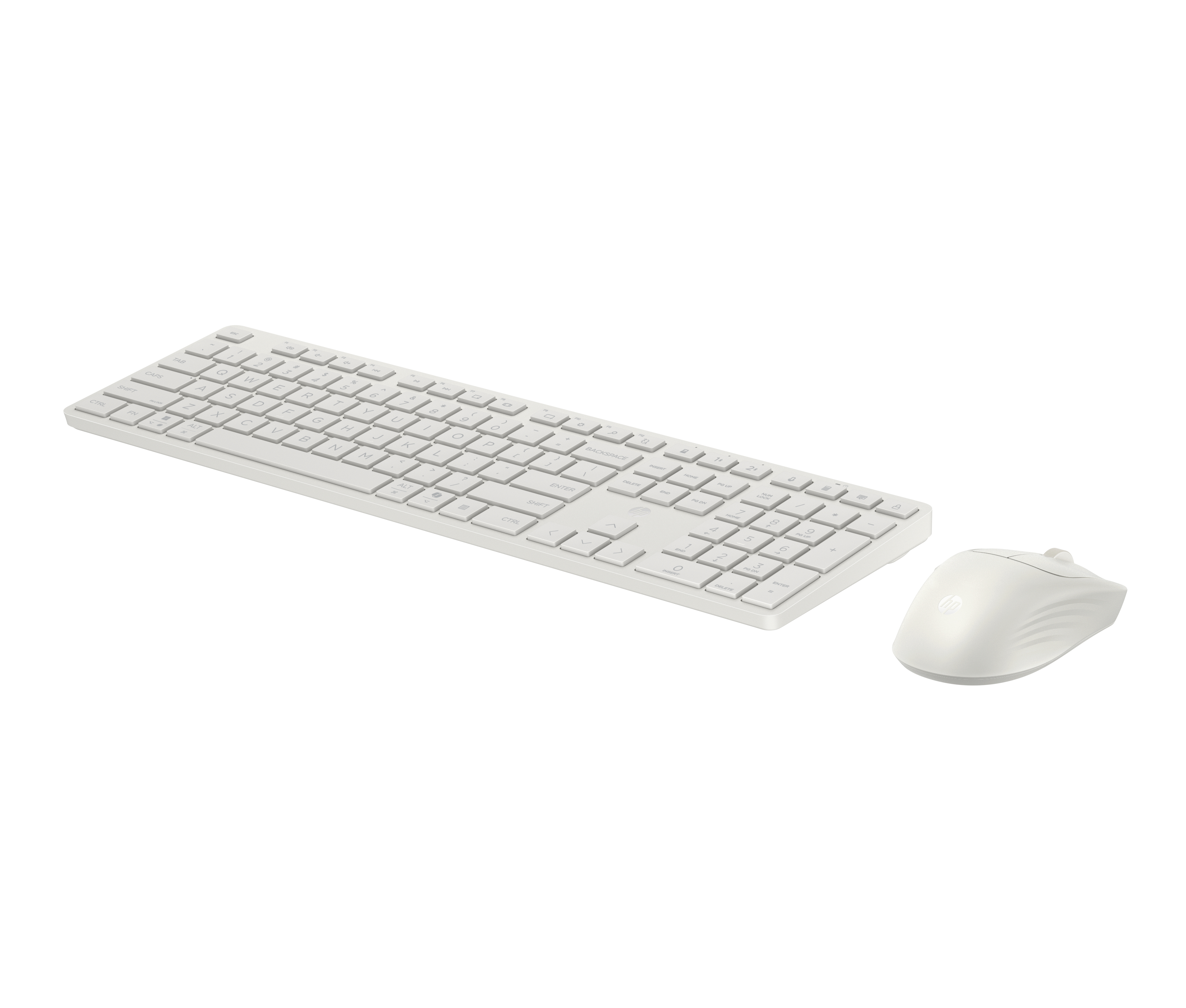 Un teclado y ratón inalámbricos blancos sobre fondo blanco.
