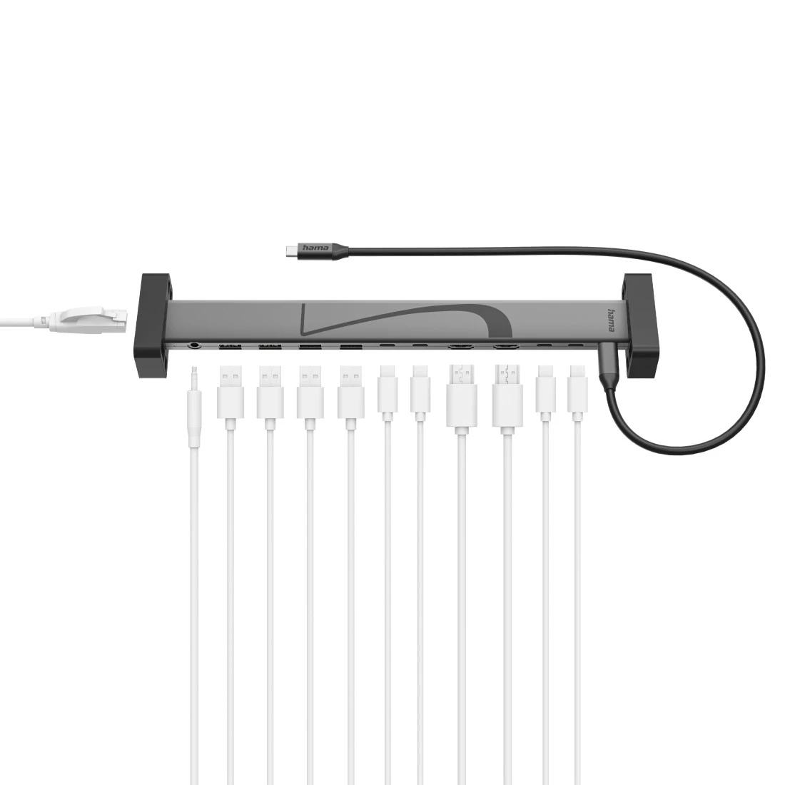 Hub USB-C Hama gris con mñltiples cables y puertos.