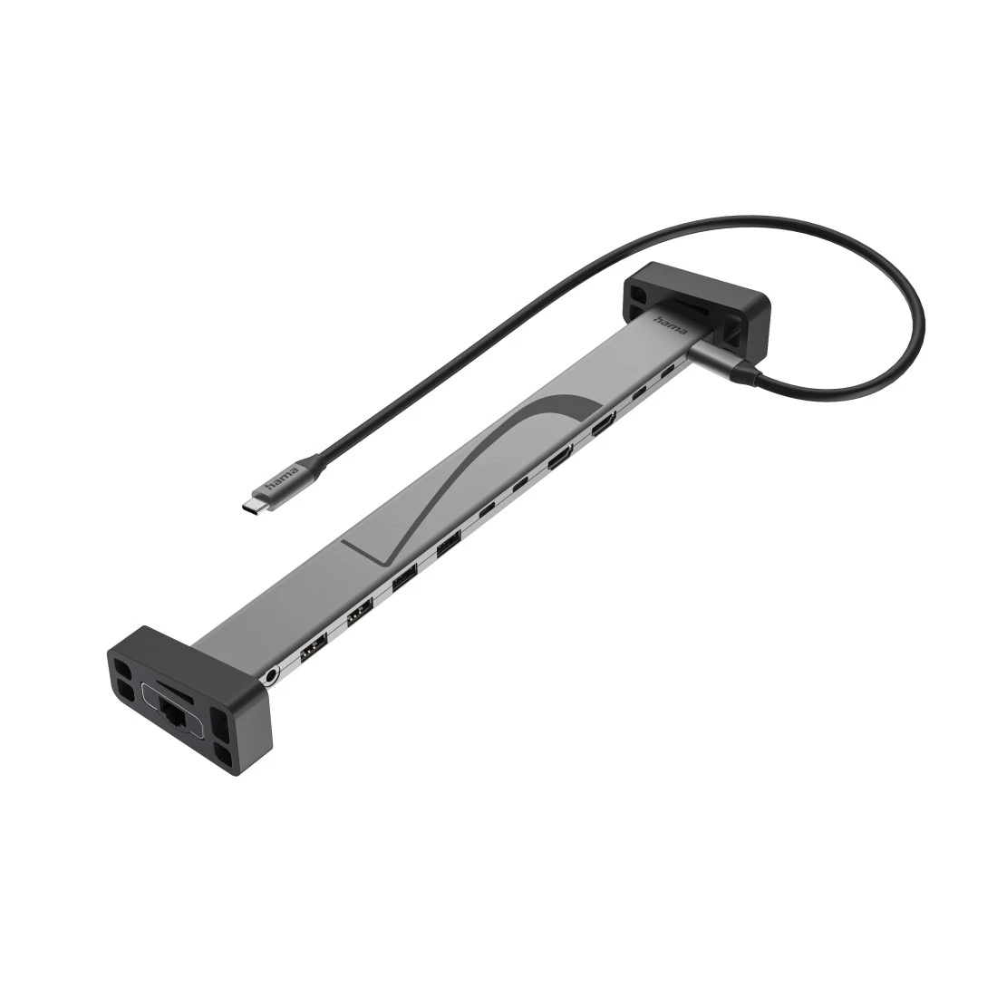 Un hub USB-C gris con varios puertos y un cable negro.