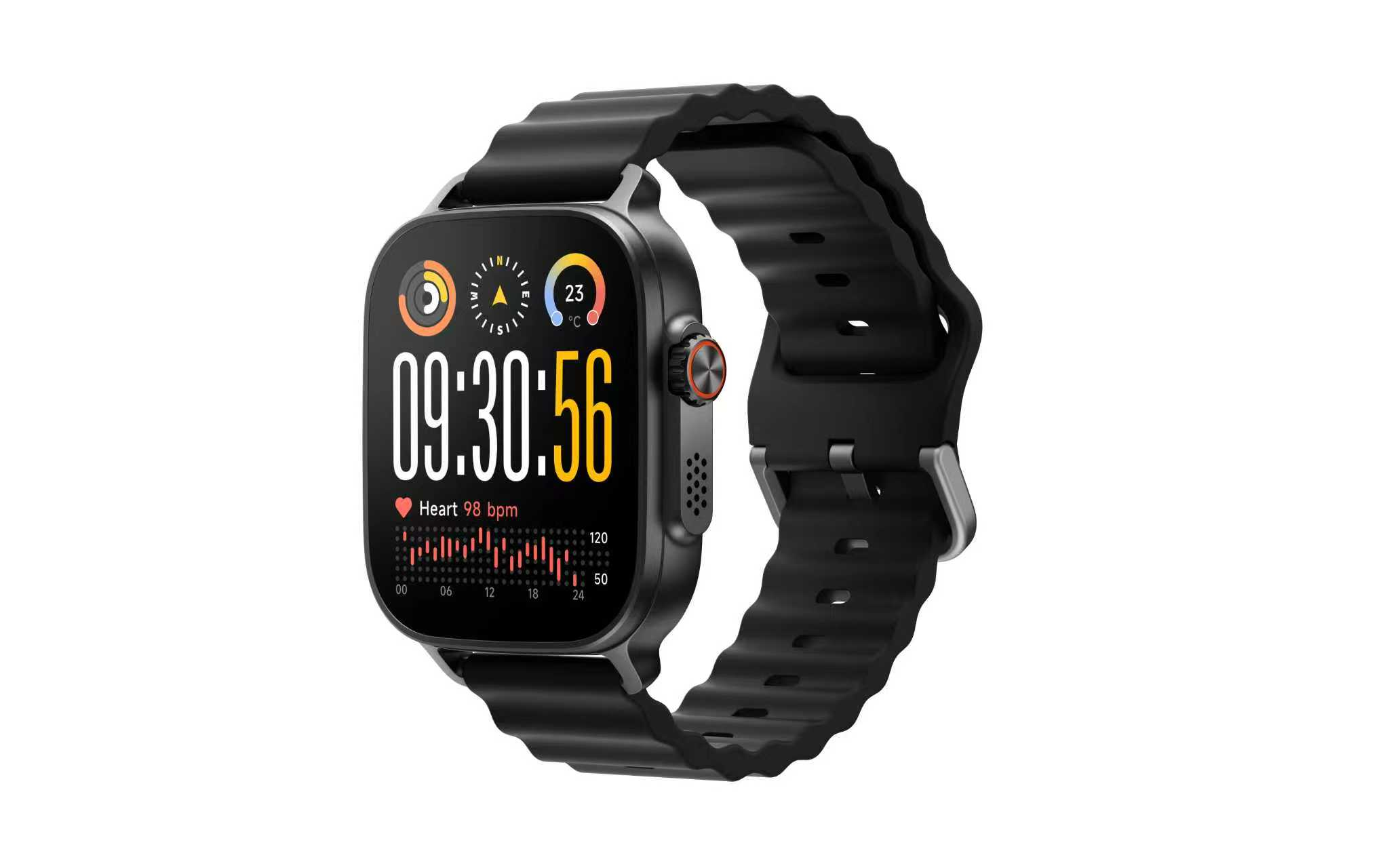 Reloj inteligente negro con correa ondulada, muestra 09:30:56 y 98 lpm.