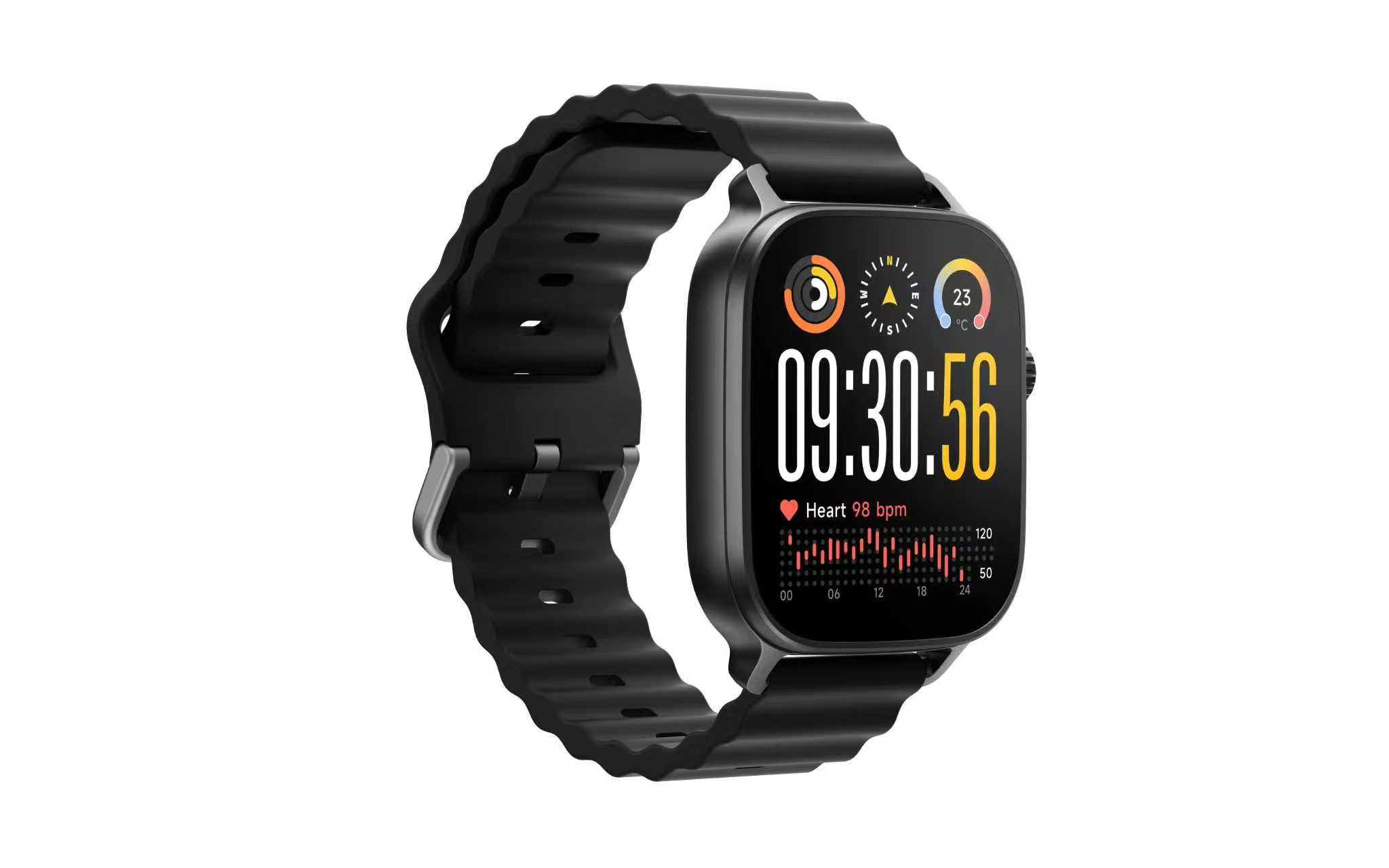 Reloj inteligente negro que muestra hora, frecuencia cardíaca y temperatura en pantalla.