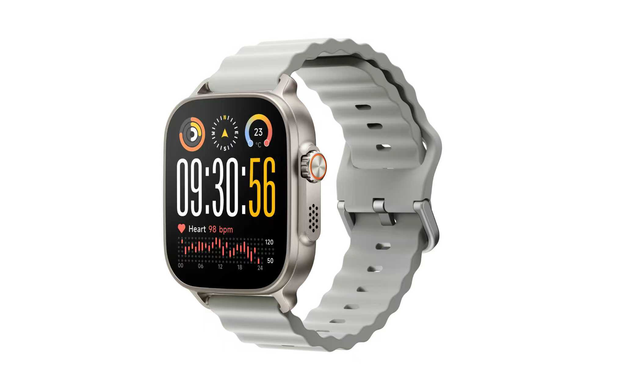 Reloj inteligente gris que muestra hora, frecuencia cardíaca y temperatura en pantalla.