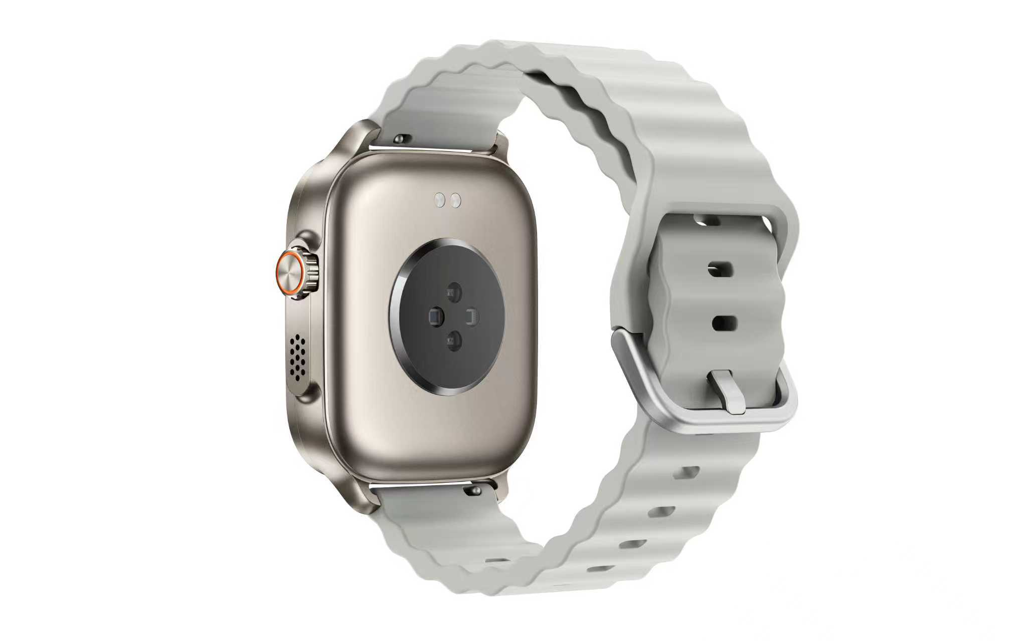 Reloj inteligente gris con carcasa plateada y correa ondulada.