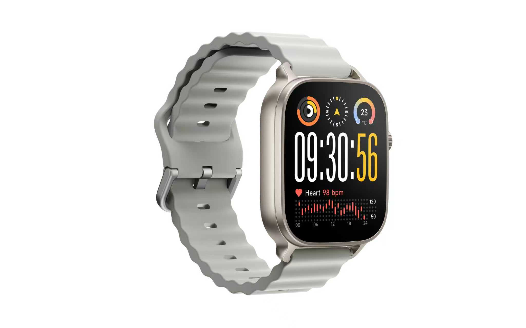 Un reloj inteligente plateado con correa gris claro muestra 09:30:56, ritmo cardíaco 98 lpm y 23°C.
