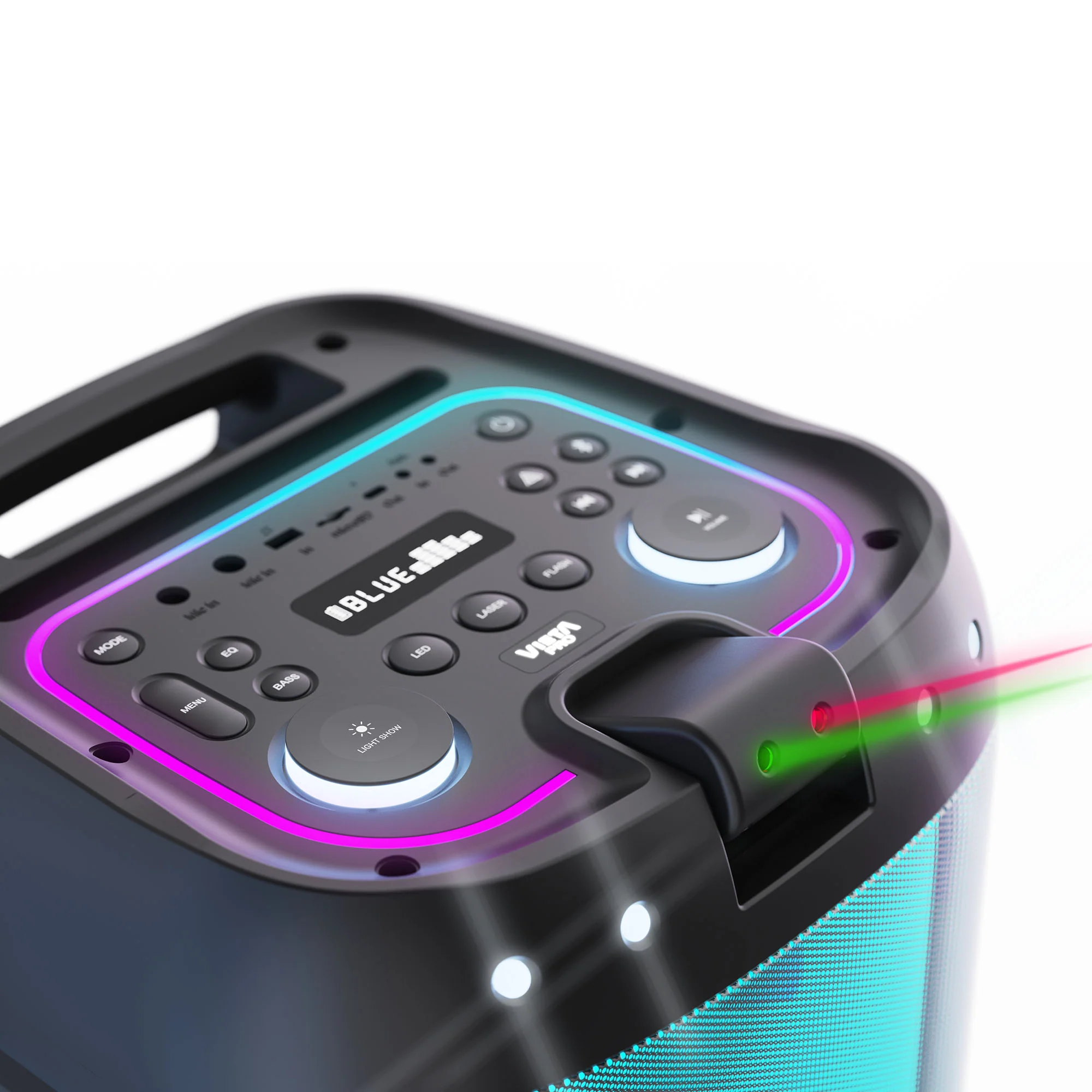 Un altavoz portátil con luces y láseres de colores. Panel de control con botones y pantalla.