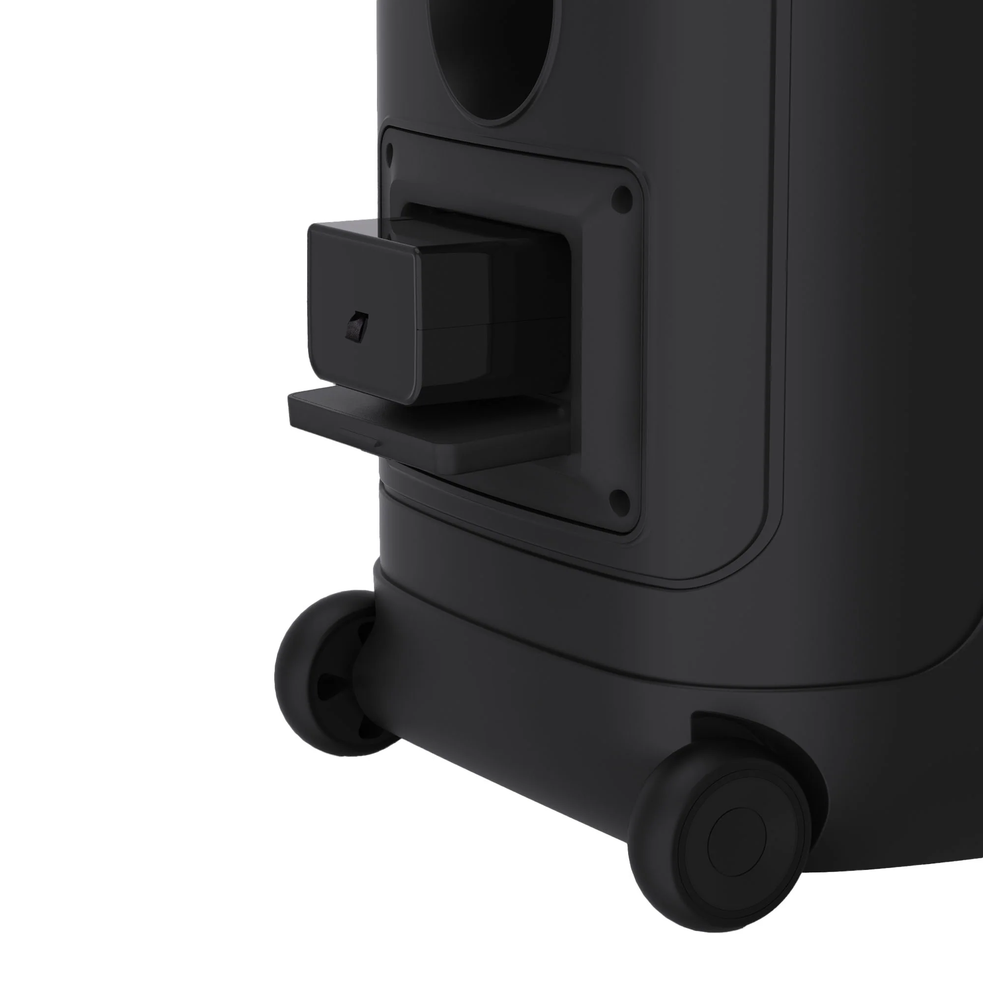Caja negra con ruedas y un asa extraíble con interruptor.