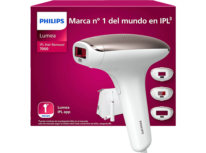Depiladora IPL - Philips Lumea S7000 BRI923/00, Luz Pulsada en Casa, 3 Cabezales, Cara, Cuerpo y Bikini, 5 Ajustes De Luz, 250.000 Pulsos