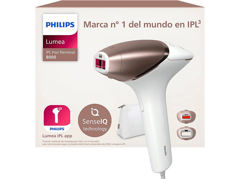 Depiladora IPL - Philips Lumea S8000 BRI945/00, Luz Pulsada en Casa, Con app, Uso con cable, 2 Cabezales, Sensor de Piel Inteligente