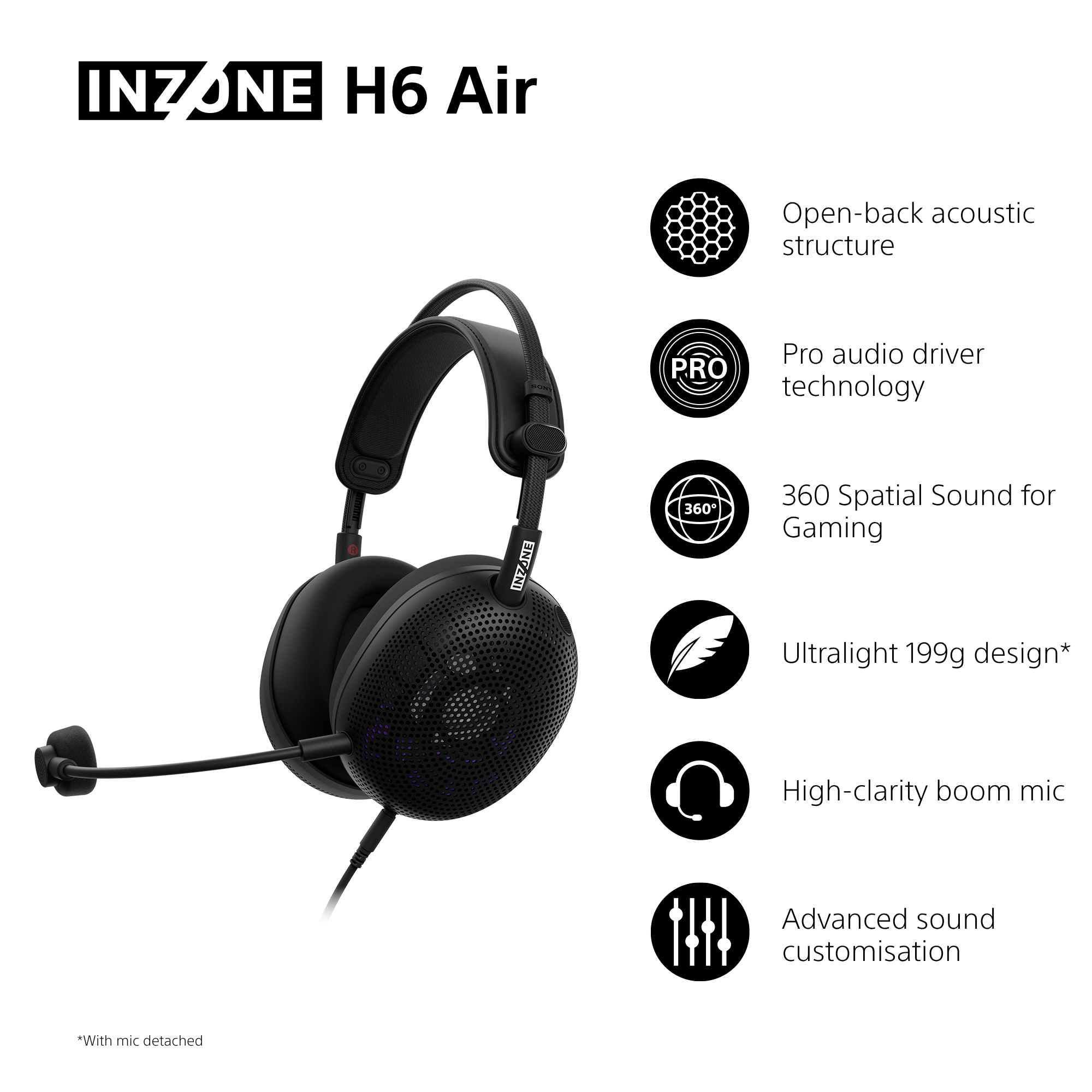 Schwarze Kopfhörer mit Mikrofon und Icons für Akustik, Technologie, Sound und Gewicht.