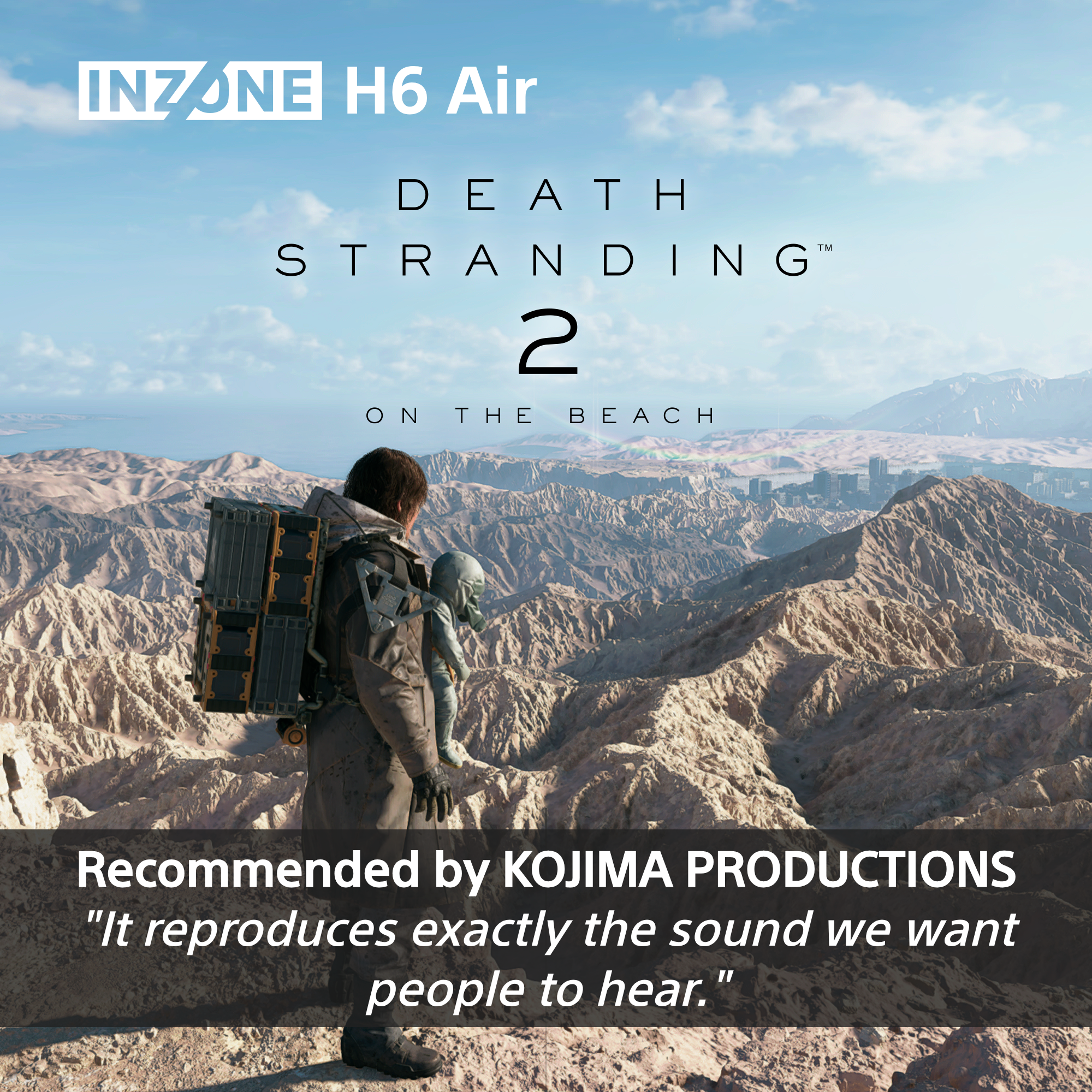 Mann mit Rucksack blickt auf eine Stadt in einer felsigen Landschaft. „Death Stranding 2“.