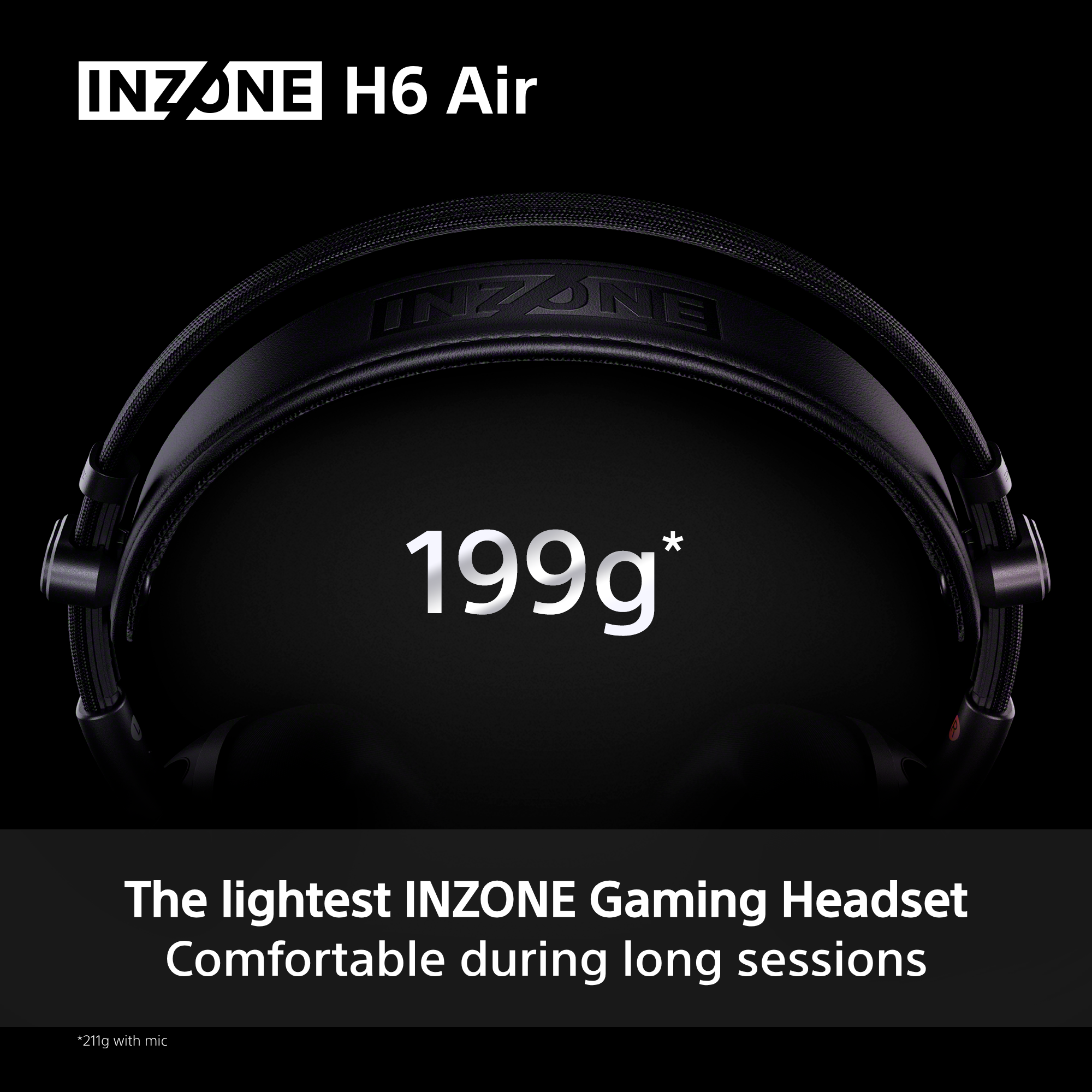 Leichtes schwarzes Headset mit der Aufschrift INZONE H6 Air, 199g.