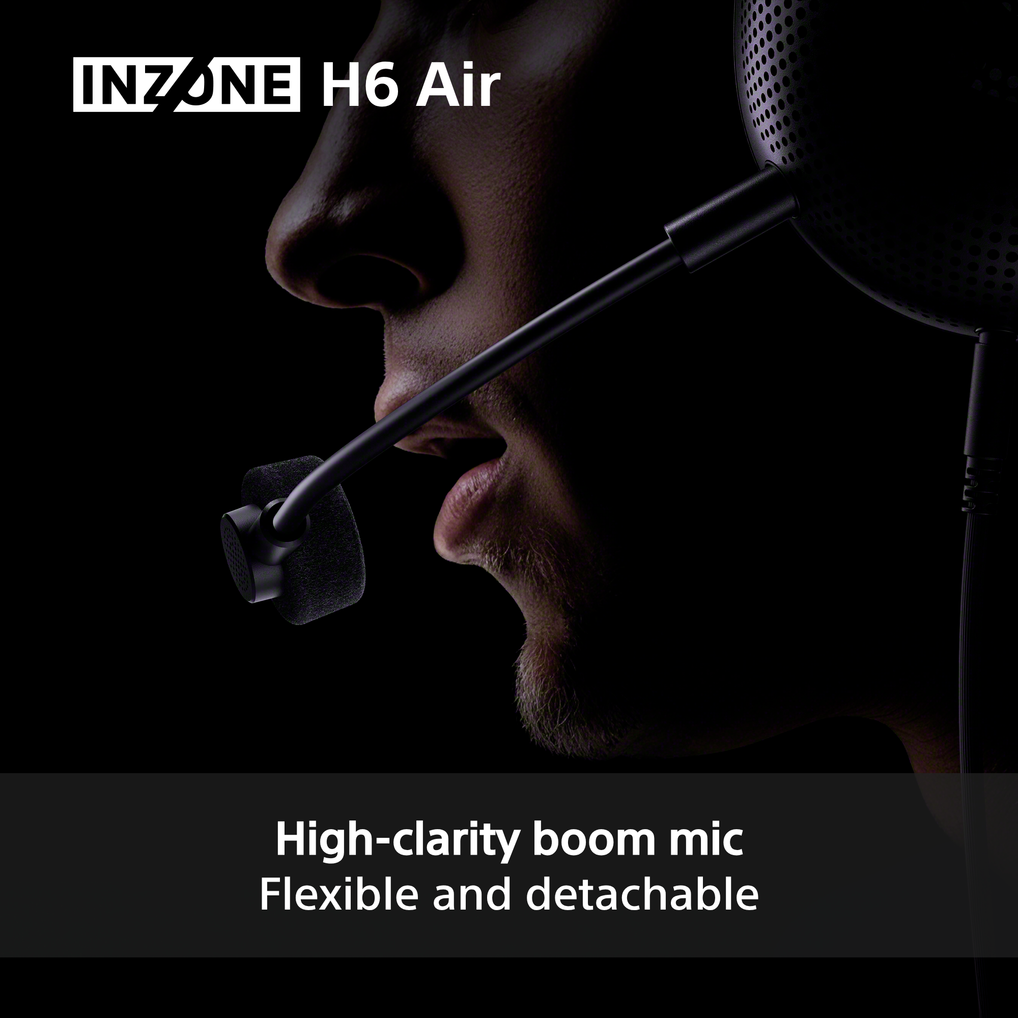 Nahaufnahme eines Gesichts mit einem Mikrofon von INZONE H6 Air.