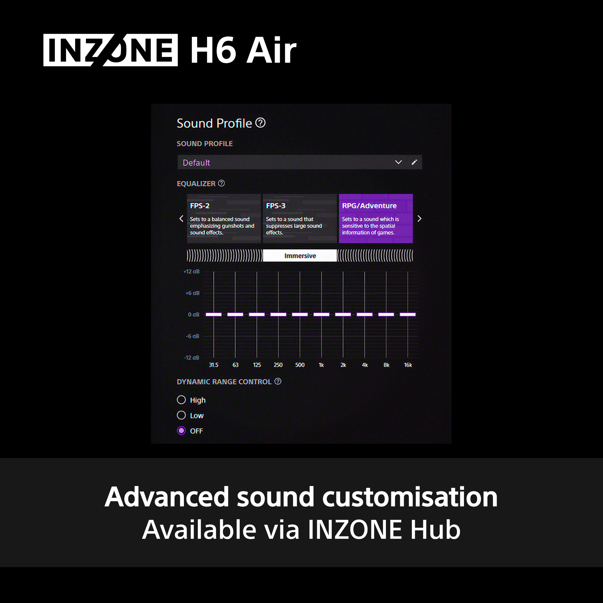 INZONE H6 Air: Equalizer mit Soundprofilen, Frequenzbändern und Dynamikregelung.