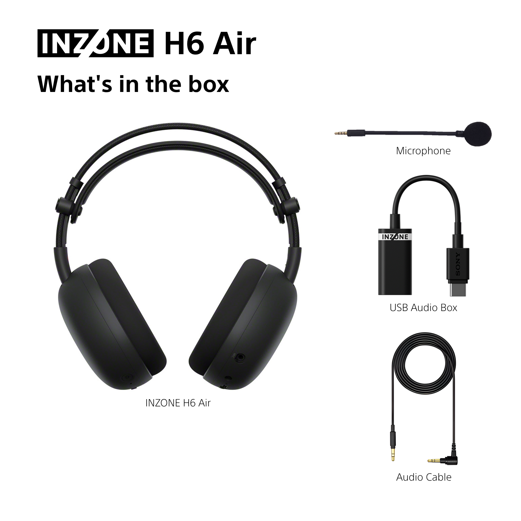 Schwarze Kopfhörer mit Mikrofon, USB-Audiobox und Audiokabel.