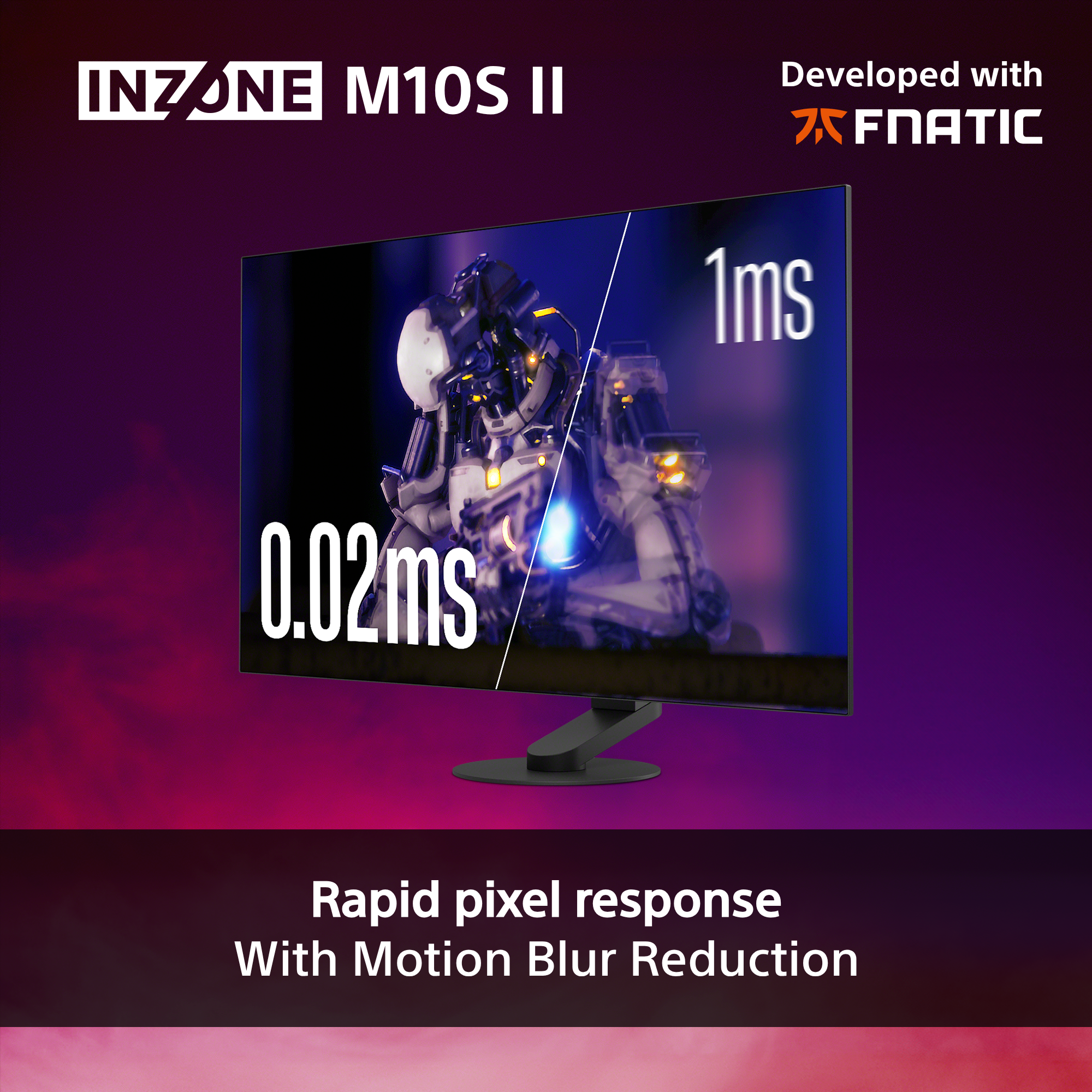 Monitor con logo "INZONE M10S II", testo "0,02ms" e "1ms". Risposta rapida pixel.