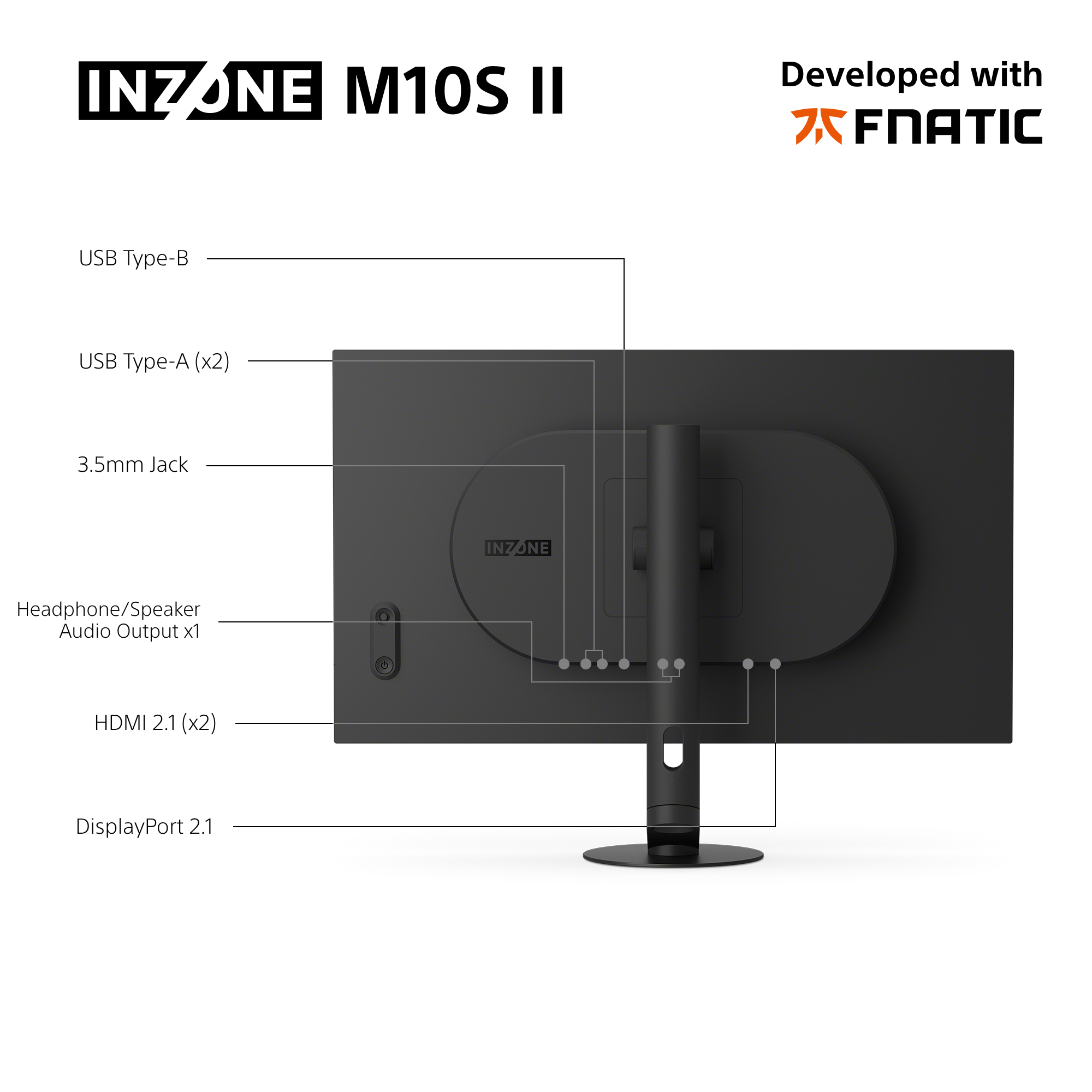 Retro di un monitor nero con porte: USB-B, 2x USB-A, jack da 3,5 mm, cuffie/altoparlante.
