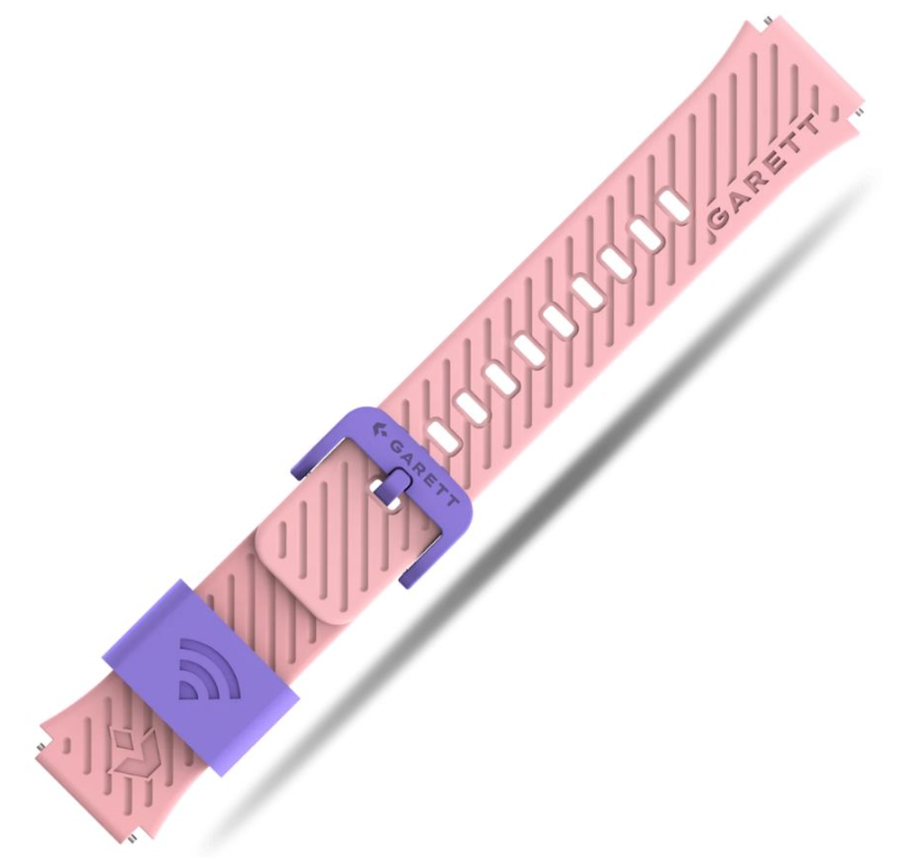 Różowa bransoleta zegarka z fioletową klamrą i akcentami, leżąca na białej powierzchni.