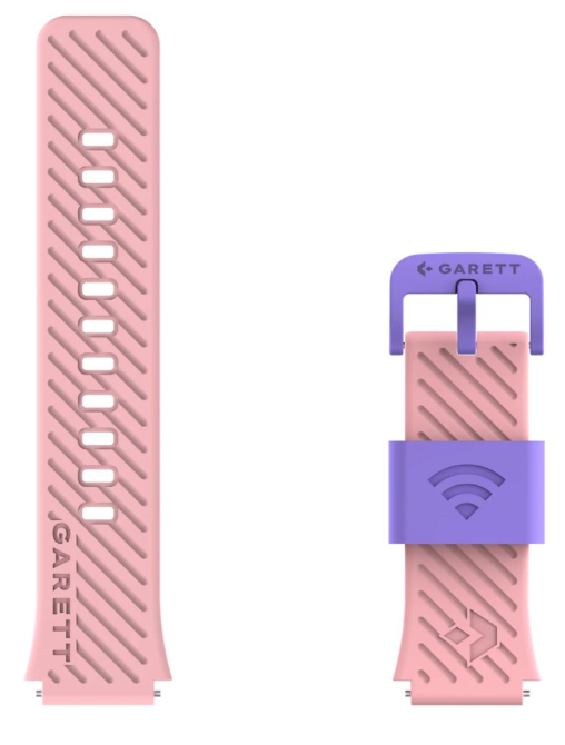 Różowa bransoleta zegarka z fioletową klamrą i symbolem Wi-Fi.