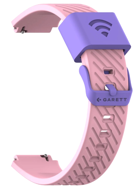 Różowa bransoleta zegarka z fioletową klamrą i fioletowym elementem z symbolem WiFi.