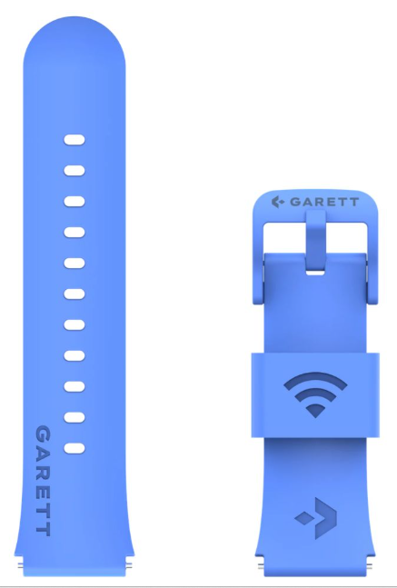 Dwa niebieskie paski do zegarka z logo Garett i symbolem Wi-Fi.