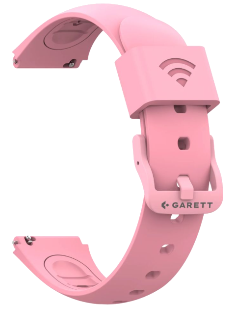 Różowa bransoleta zegarka z symbolem Wi-Fi i napisem GARETT.