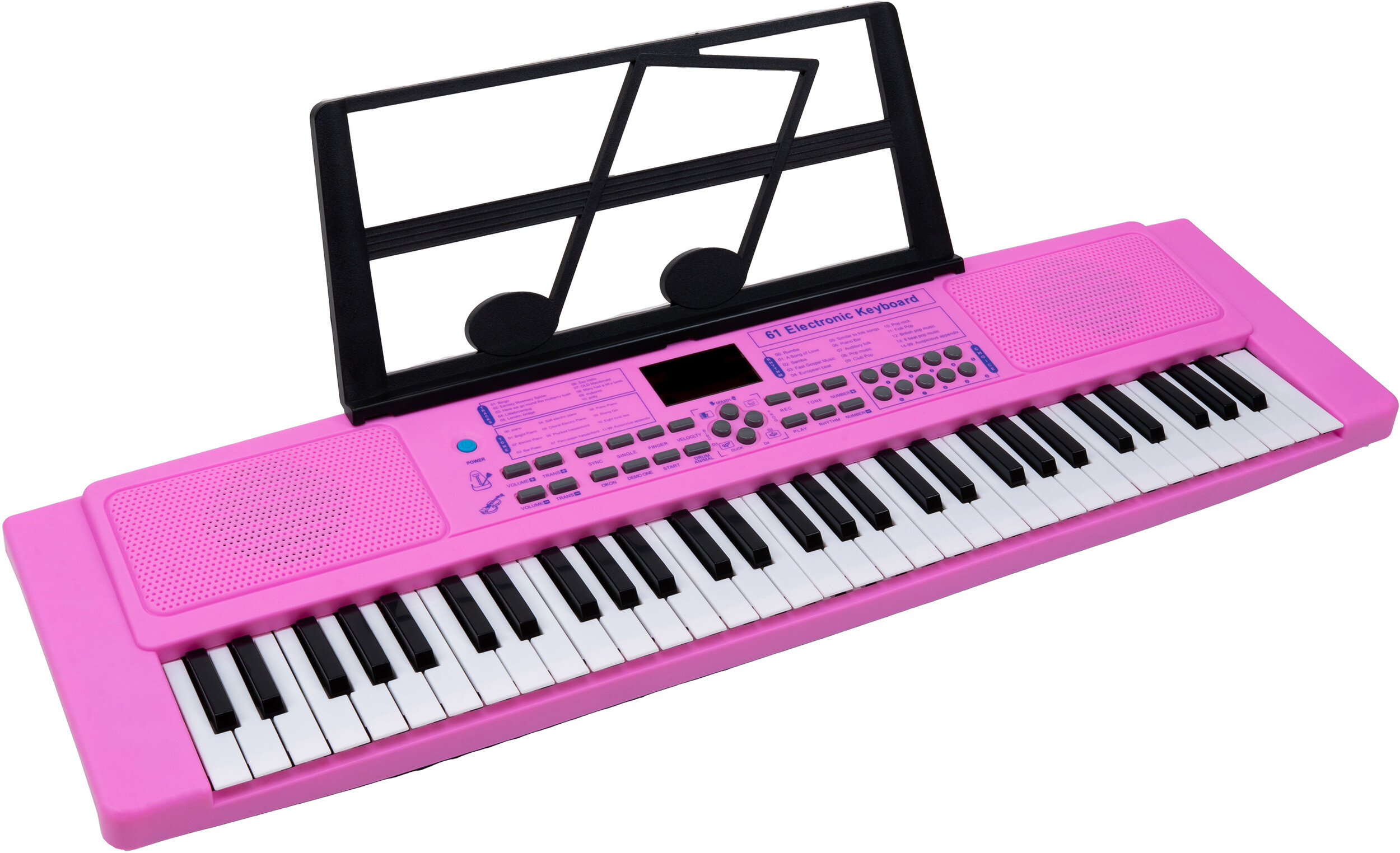 Różowa keyboard elektroniczny ze stojakiem na nuty i czarno-białymi klawiszami.