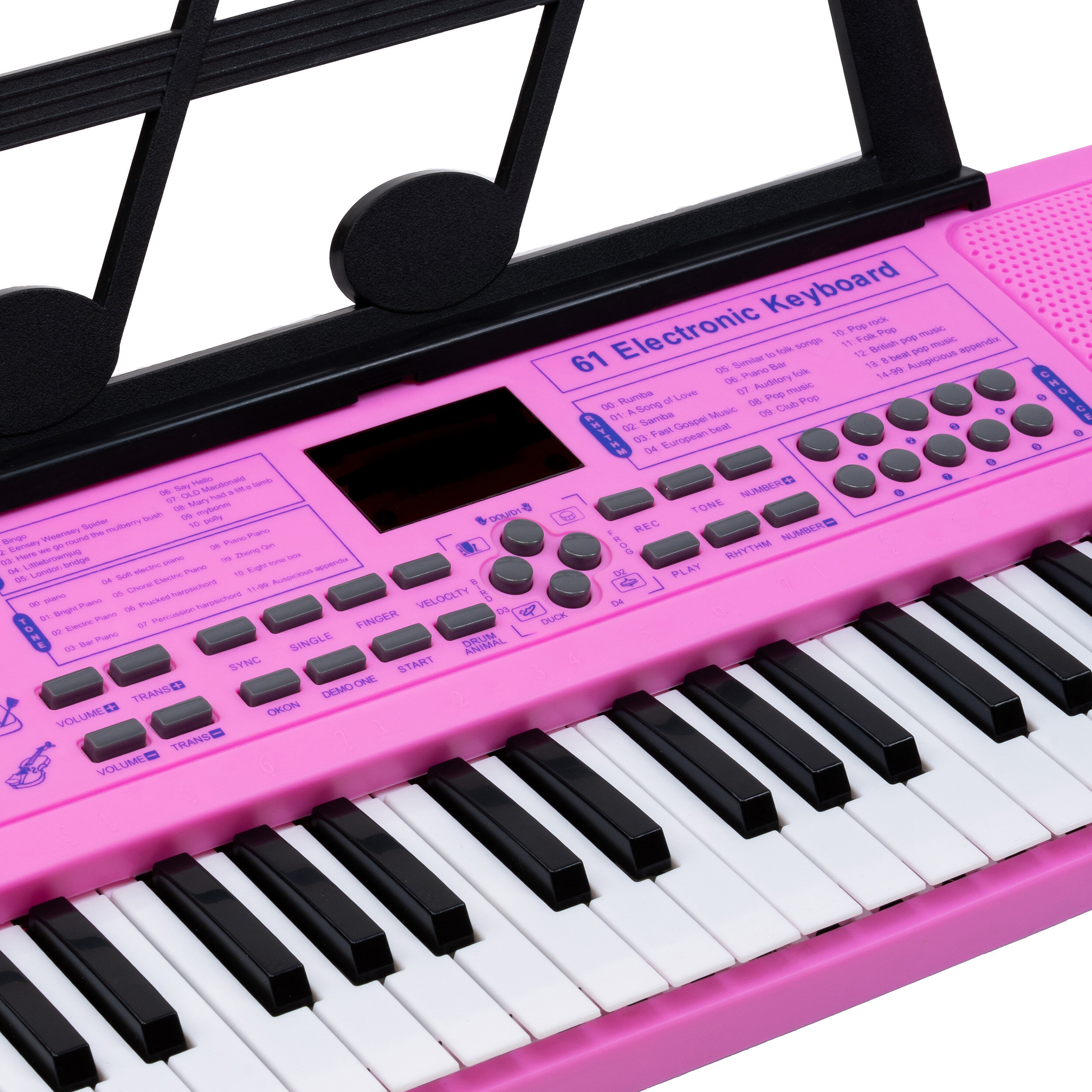Różowa keyboard elektroniczny z czarno-białymi klawiszami i nutami muzycznymi.