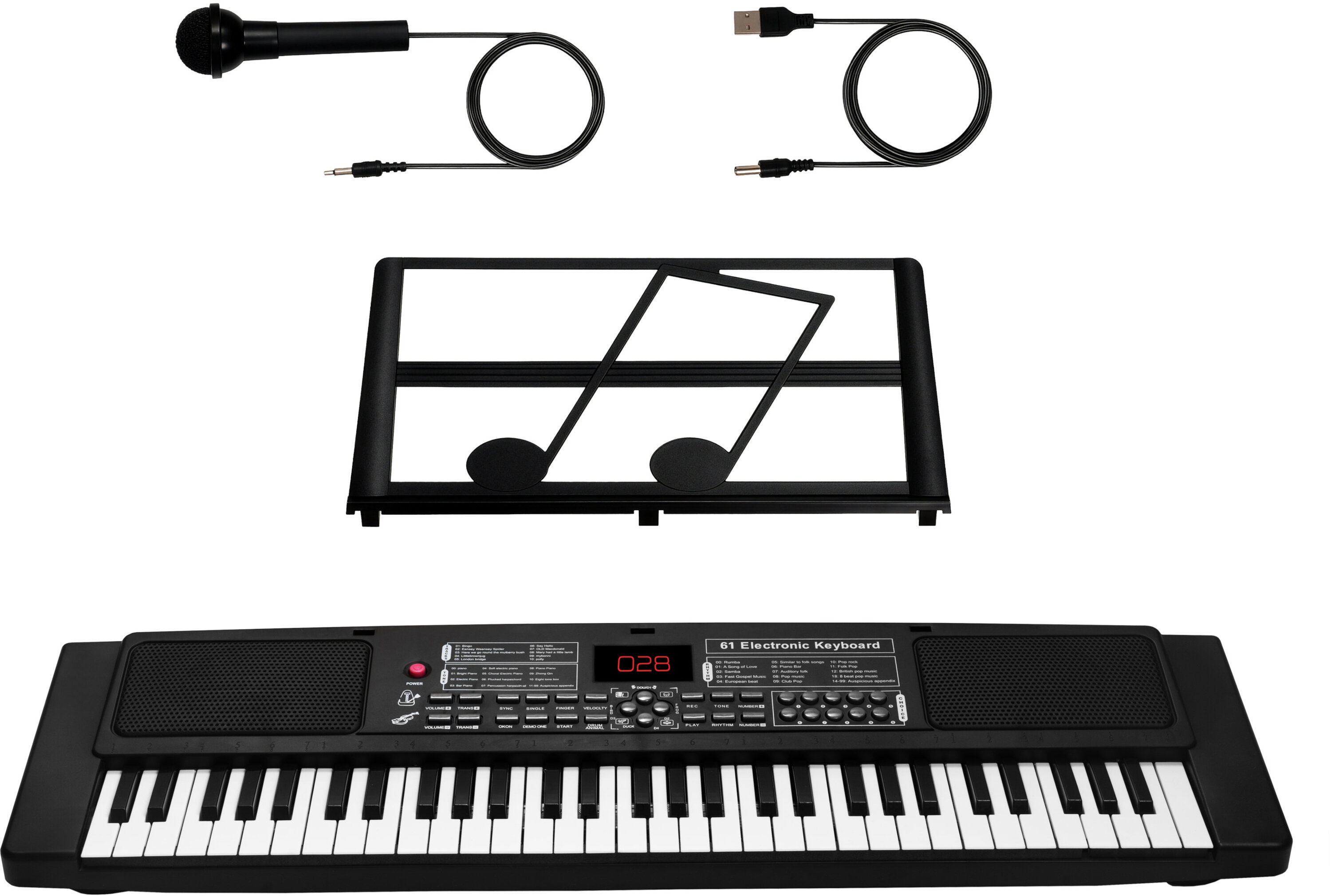 Czarna keyboard elektroniczny ze stojakiem na nuty, mikrofonem i kablem USB.
