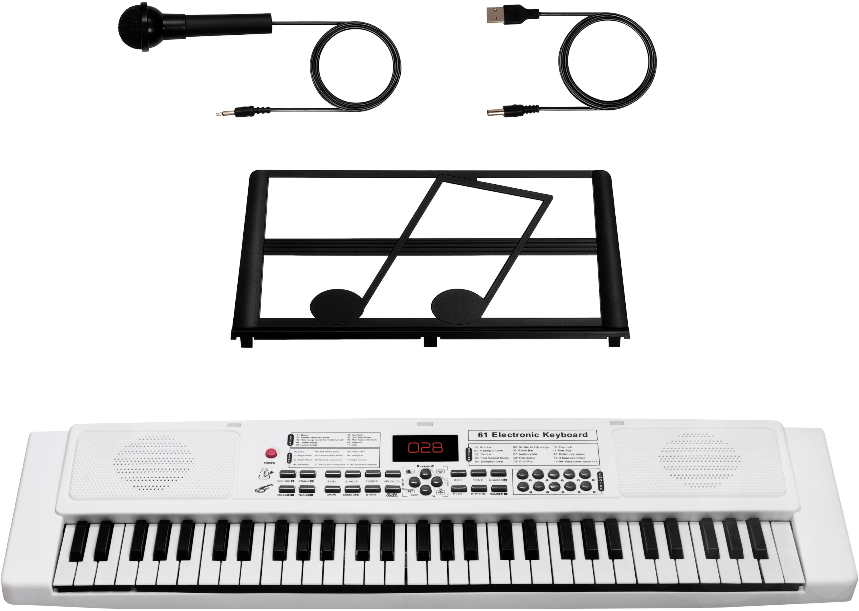 Bia&lsty keyboard z mikrofonem, stojakiem na nuty, kablami i zasilaczem.