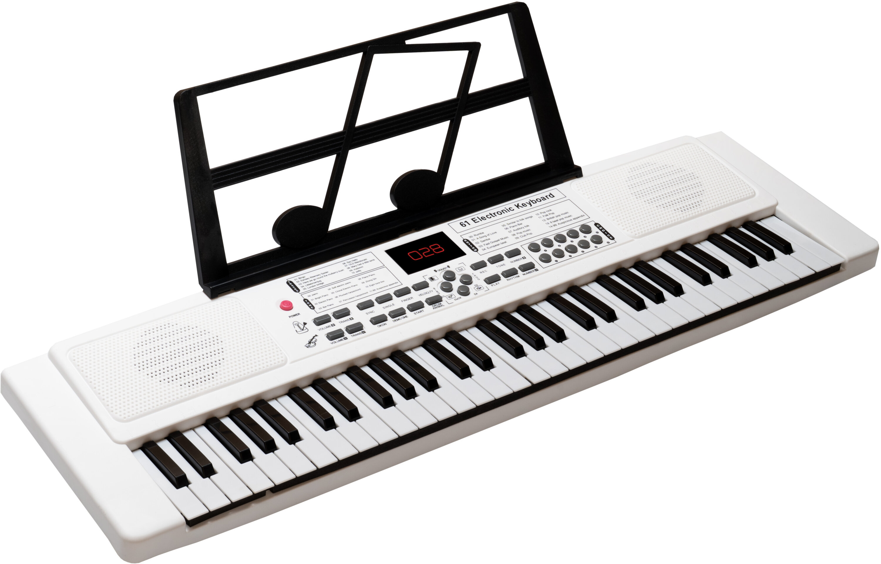 Biała elektroniczna keyboard z pulpitem i czarnymi klawiszami.