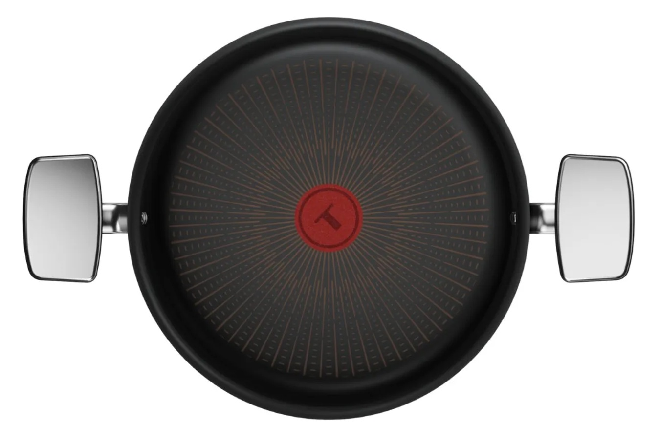 Czarna patelnia z czerwonym punktem Thermosignal i dwoma srebrnymi uchwytami.