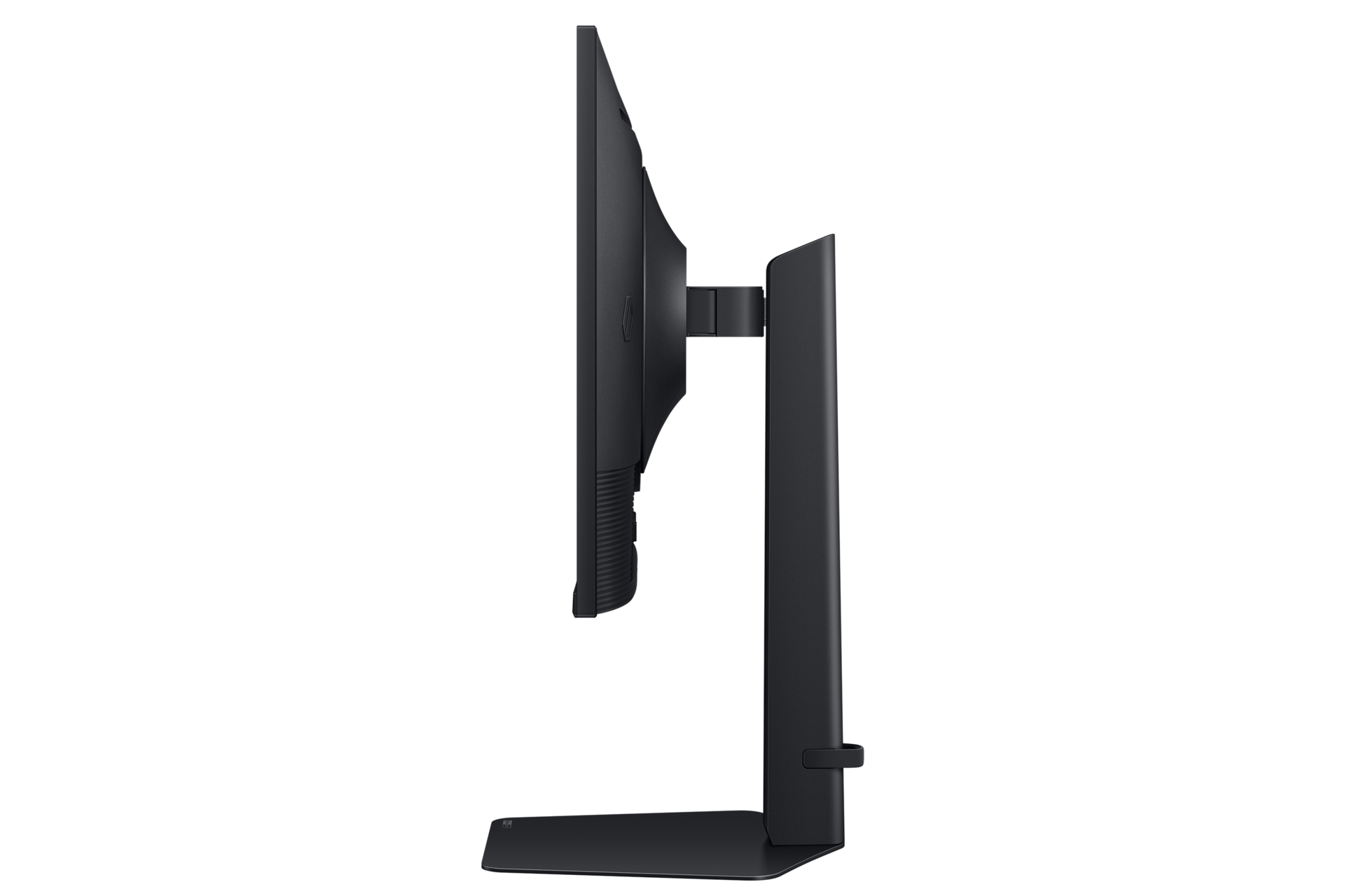 Schwarzer Computermonitor mit schmalem Rahmen auf einem stabilen Ständer, Seitenansicht.
