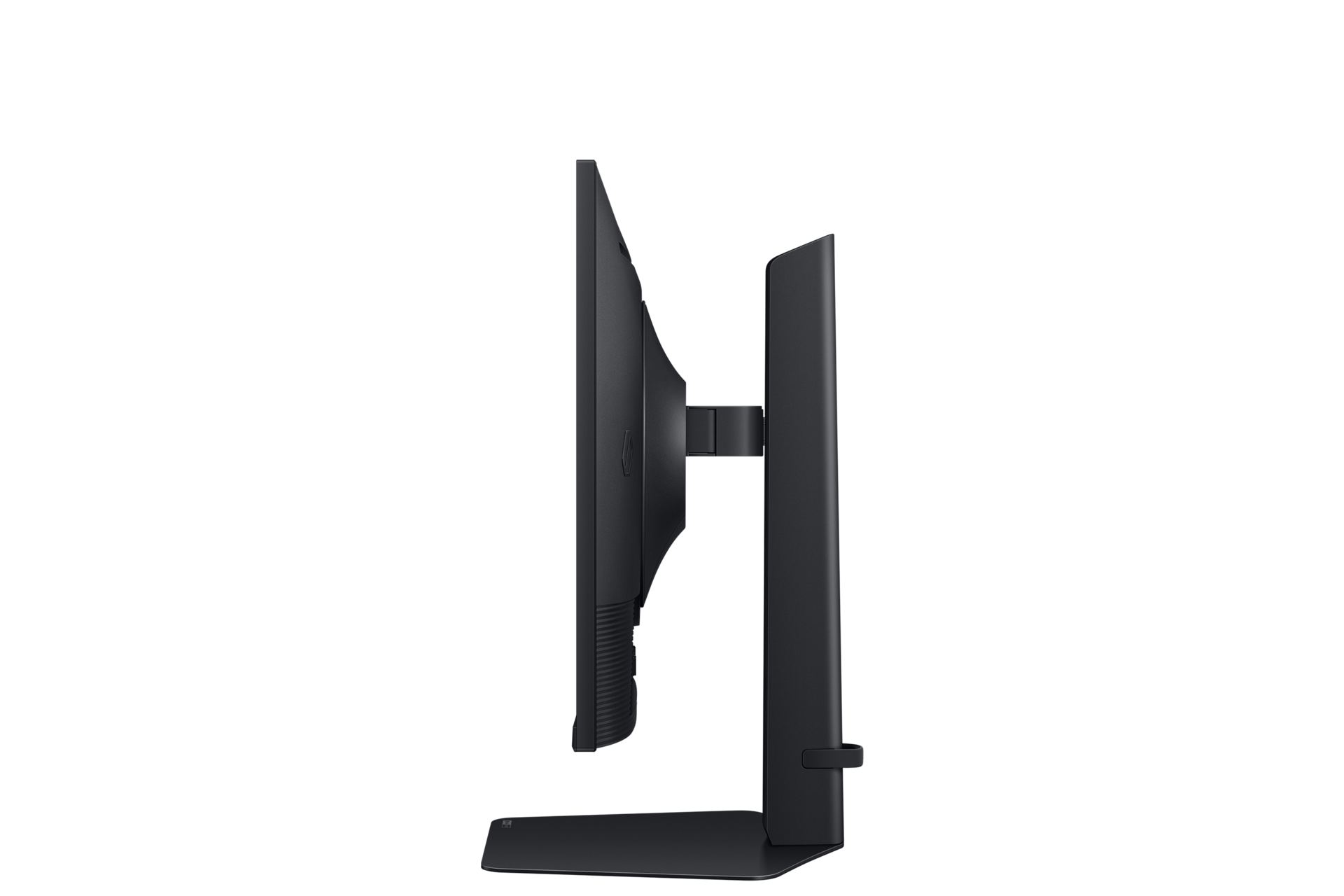Seitenansicht eines schwarzen Monitors mit verstellbarem Ständer.