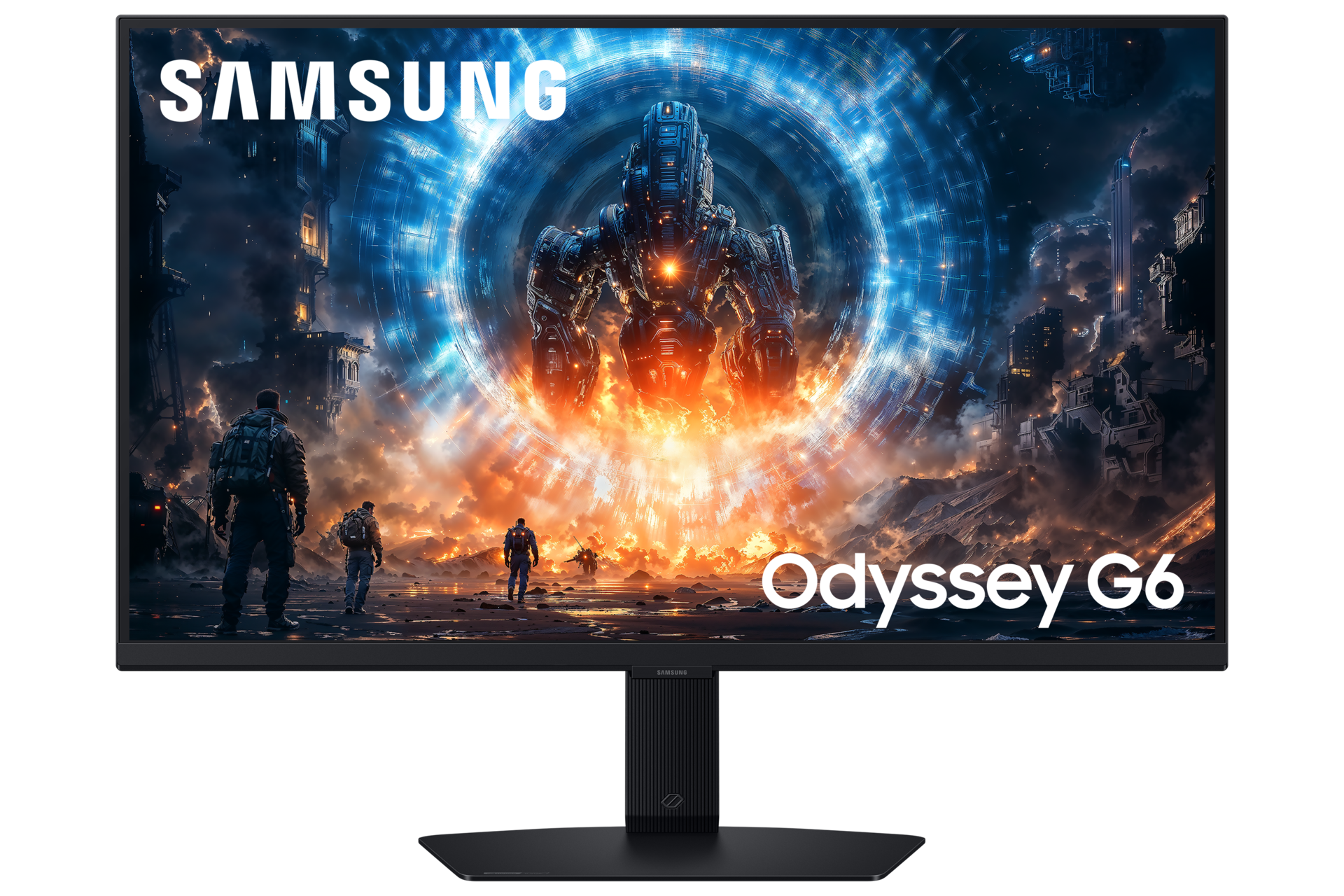 Ein Samsung Odyssey G6 Monitor zeigt ein Sci-Fi-Bild mit einem Roboter und Kriegern.