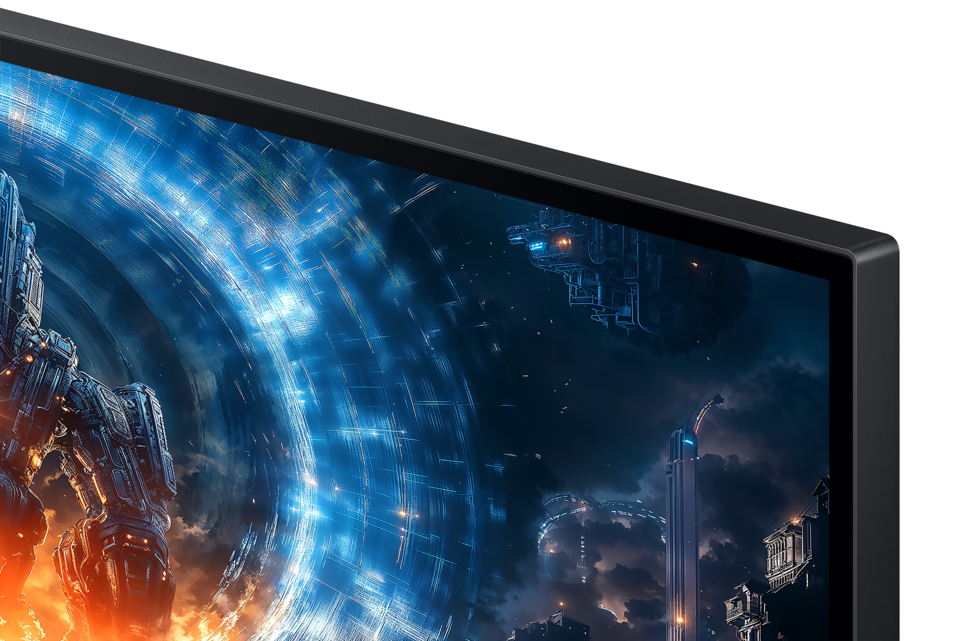 Sci-Fi-Szene mit futuristischer Stadt, leuchtendem blauem Portal und massivem Raumschiff.