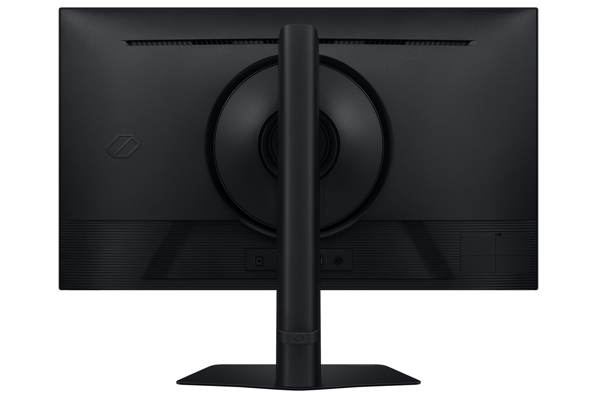 Rückseite eines schwarzen Monitors mit Ständer und Anschlüssen.